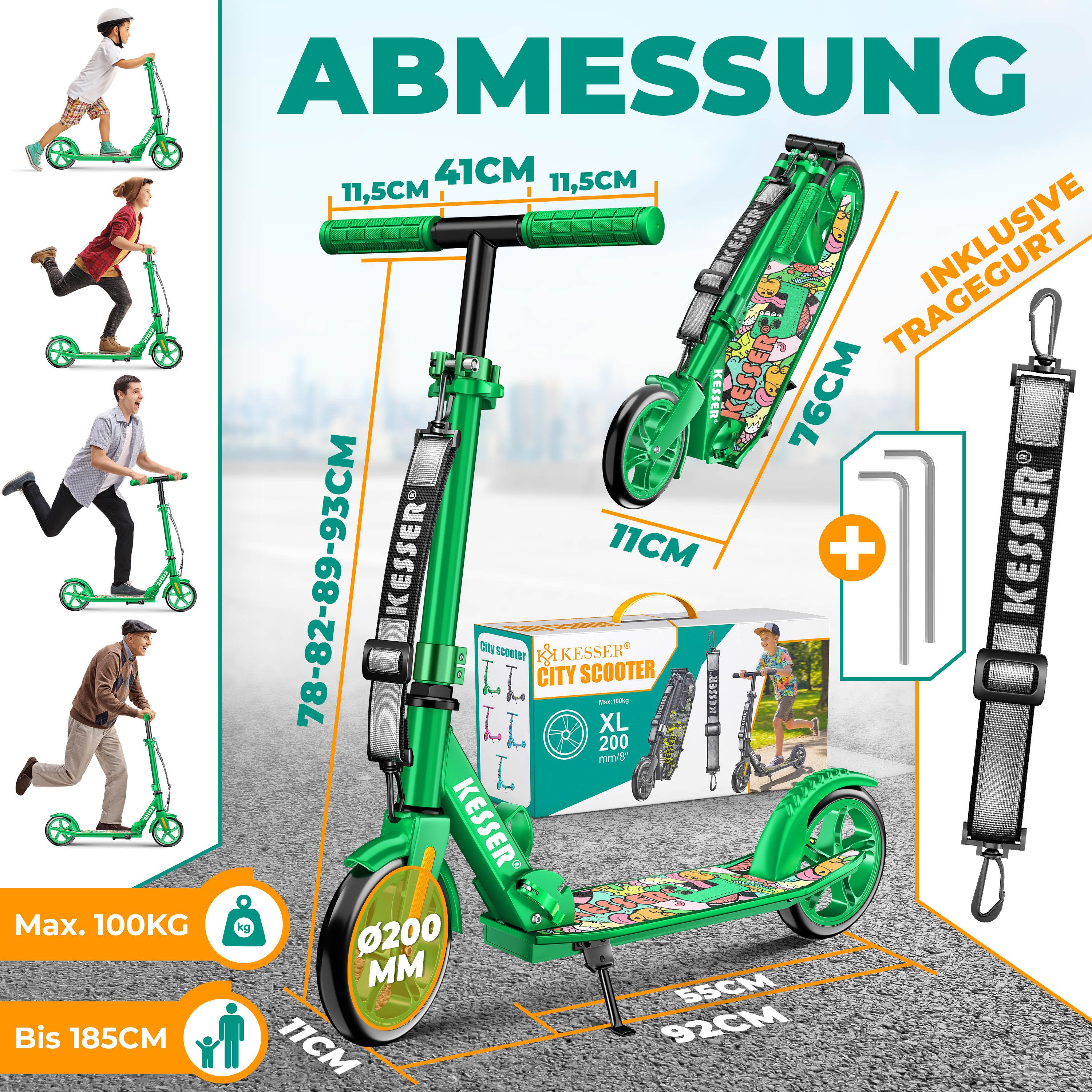 KESSER Scooter Citysooter mit Hinterradbremse & rutschfeste Trittfläche, Kinderroller bis 100kg & 185cm Körpergröße, klappbar höhenverstellbar