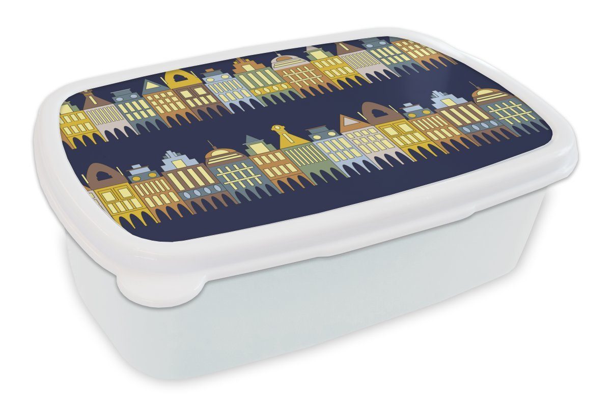MuchoWow Lunchbox Muster - Häuser Jungs weiß (2-tlg), Brotdose, für für - Kunststoff, Gebäude, Kinder und Brotbox Erwachsene, Mädchen und