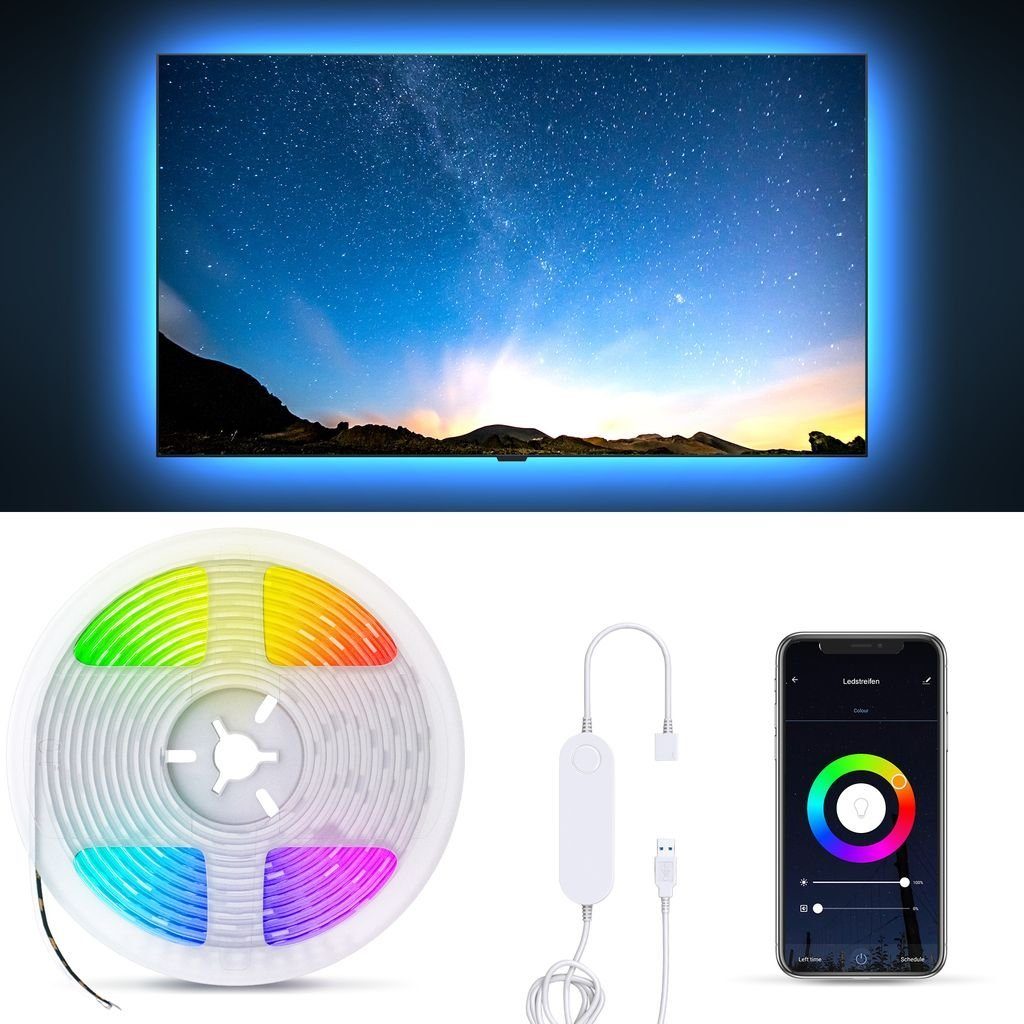 B.K.Licht Schrankleuchte LED Streifen App 2M - BKL1268, Farbsteuerung, LED fest integriert, Farbwechsler, Smart LED Strip 5V USB Sprachsteuerung Selbstklebend 2,4GHz