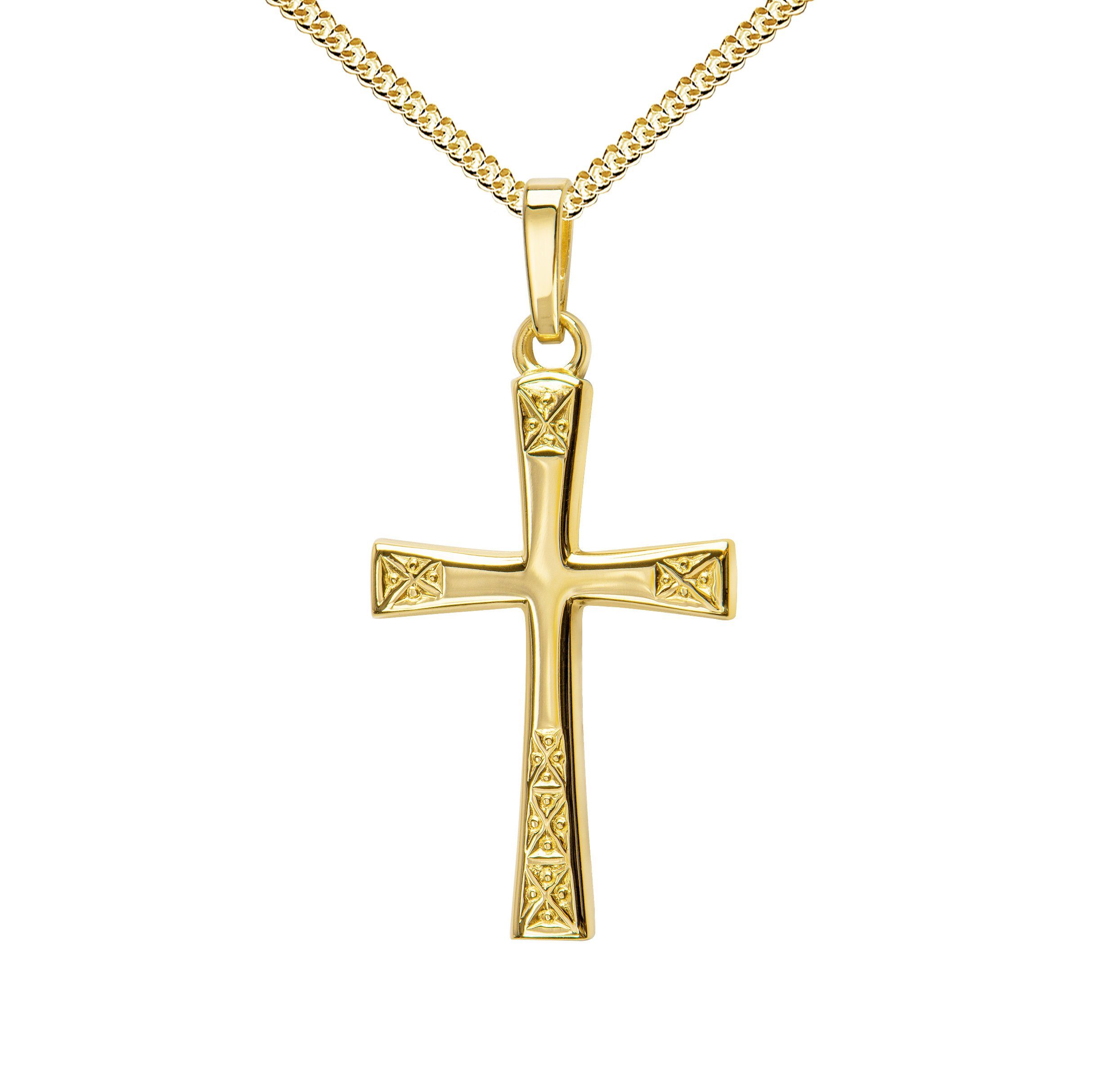 JEVELION Kreuzkette Kreuz Anhänger 585 Gold - Made in Germany (Goldkreuz, für Damen und Herren), Mit Kette vergoldet- Länge wählbar 36 - 70 cm oder ohne Kette.