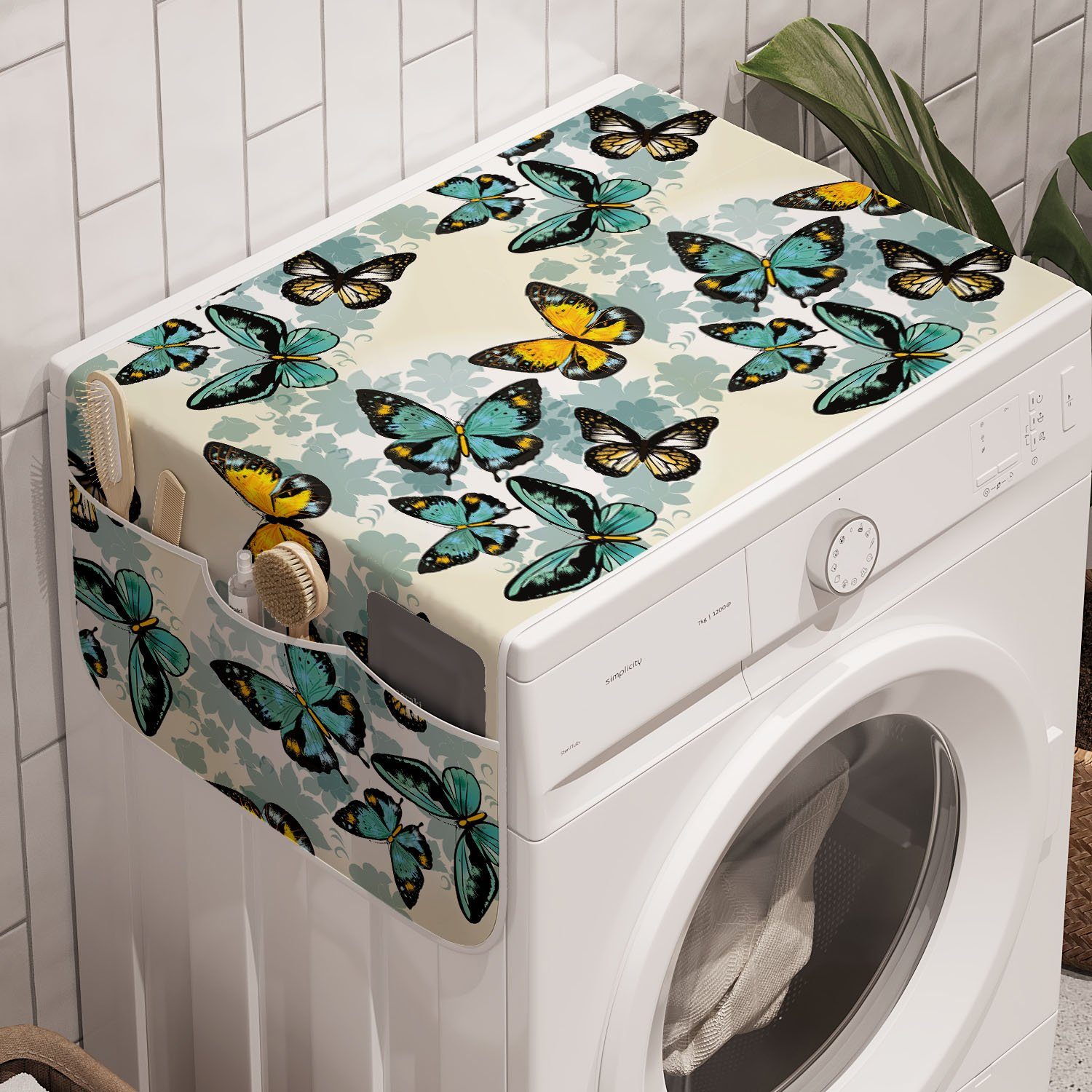 Abakuhaus Badorganizer Anti-Rutsch-Stoffabdeckung für Waschmaschine und Trockner, Schmetterling Moth Floral Silhouetten