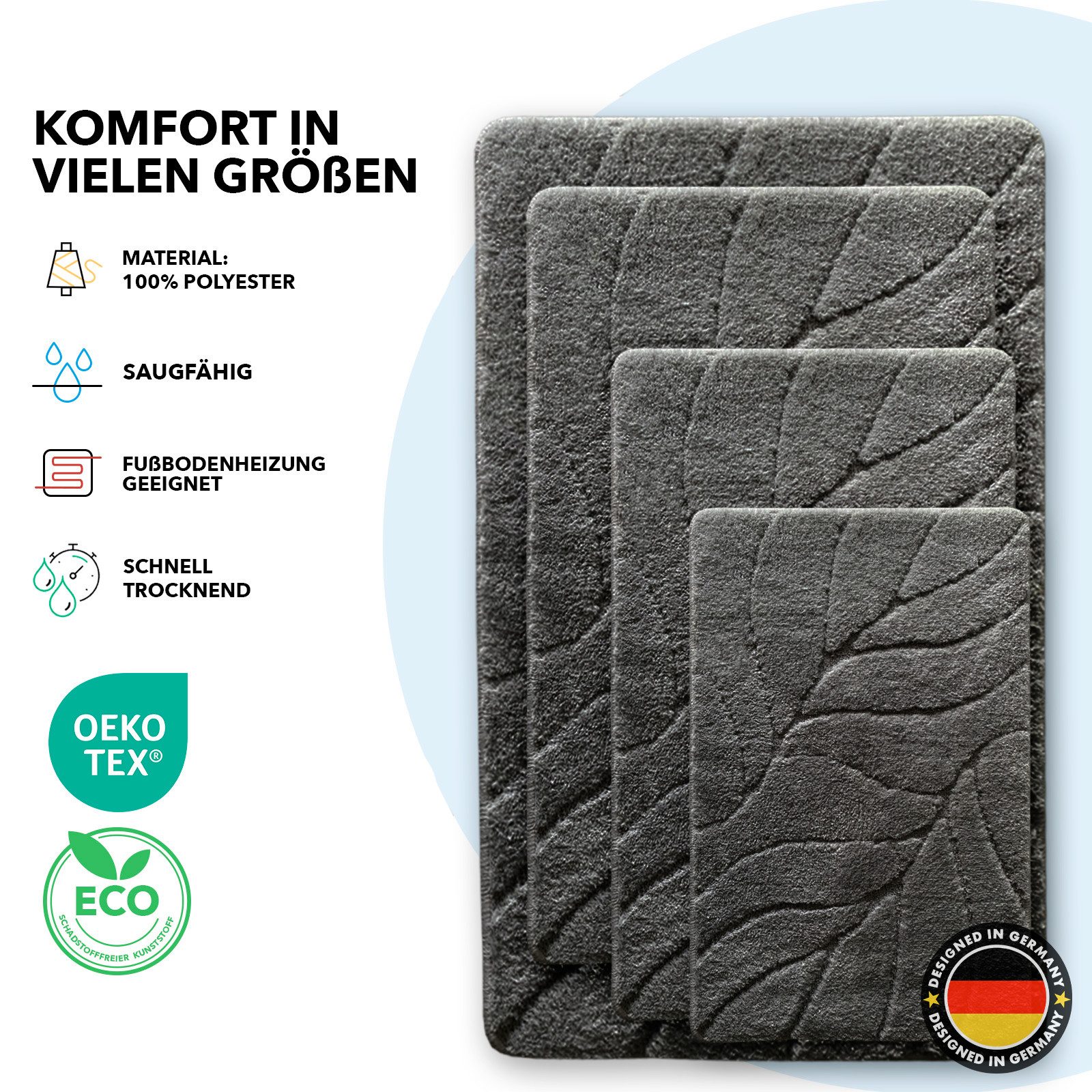 Floordirekt Badematte Maris – Flauschiger Badteppich, Blattstruktur, rutschfest & waschbar, rutschhemmend beschichtet, fußbodenheizungsgeeignet, schnell trocknend, Polyester, für Fußbodenheizung geeignet, dichter Flor, 80x150 cm, Dunkelgrau