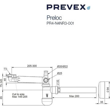 Prevex Siphon PR4-N4NR3-001, (1-tlg), PREVEX Preloc Universal-Platzspar-Siphon für Badwaschbecken, aus