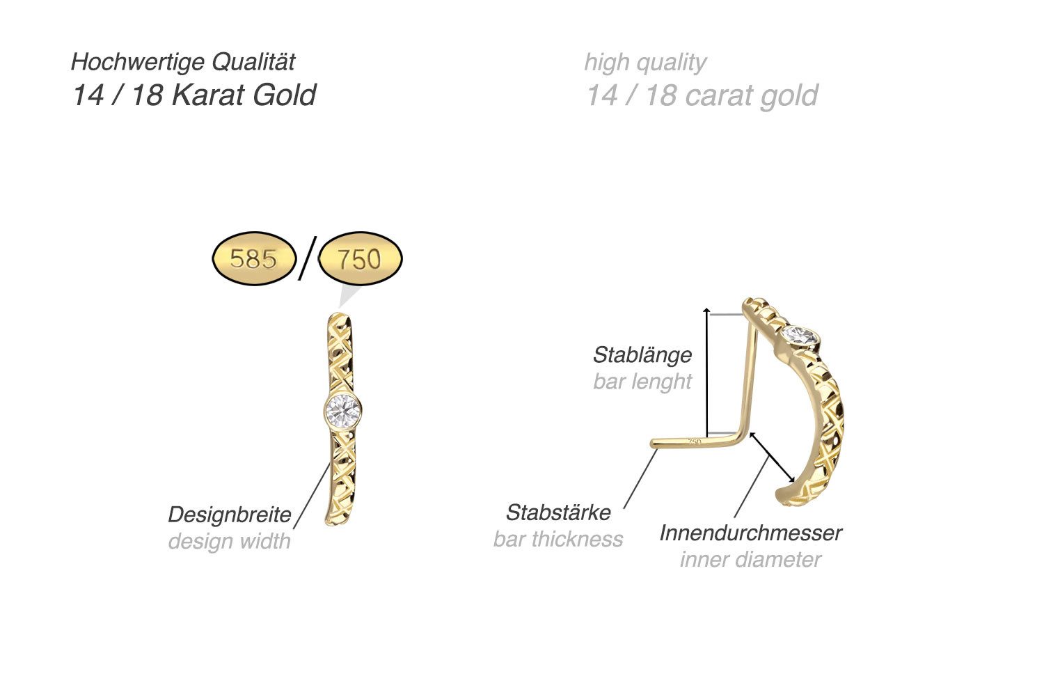 PIERCINGLINE Nasenpiercing 14/18 Karat Gold Nasenstecker MOISSANIT (Nasenstecker, 1-tlg)