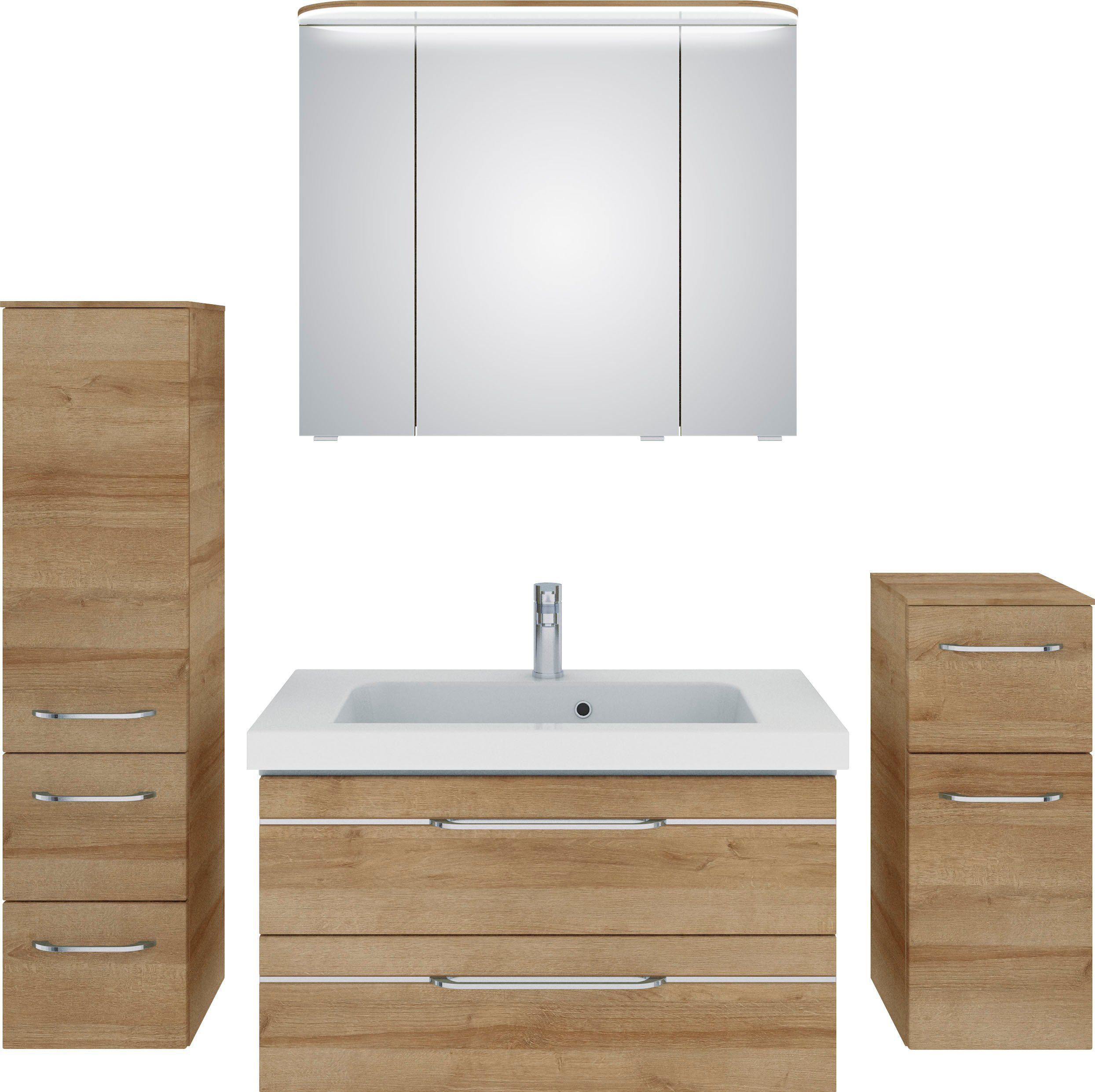 Saphir Badmöbel-Set Balto Sprint 4-teilig, Mineralmarmor-Waschtisch mit LED-Spiegelschrank, (5-St), Midischrank und Unterschrank, inkl Türdämpfer, 5 Türen, 5 Schubladen