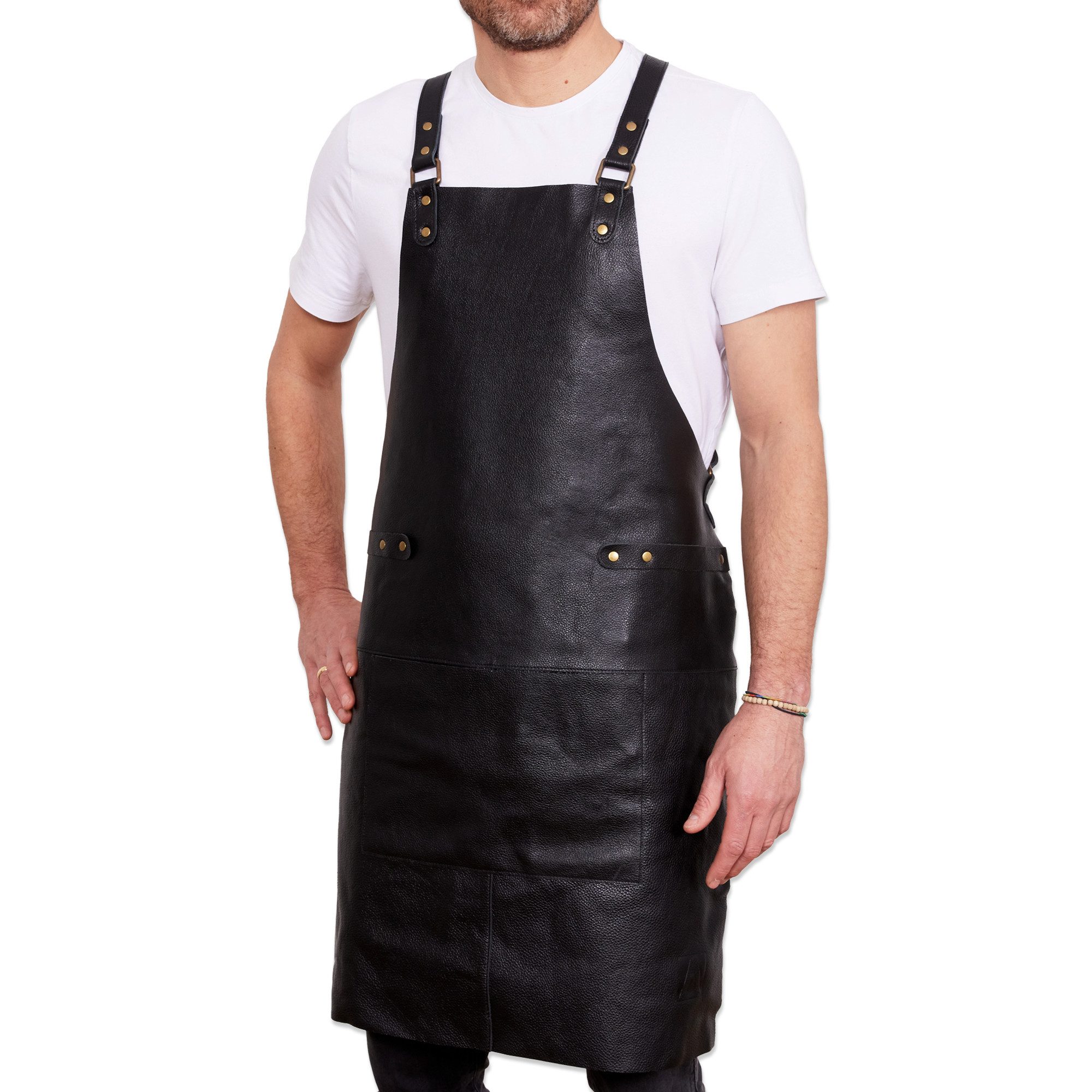 REDSALT® Grillschürze Premium Lederschürze 100% Rindsleder 84x62cm Crossback, Beidseitige Materialschlaufen, Frontasche, verstellbare Rückenträger