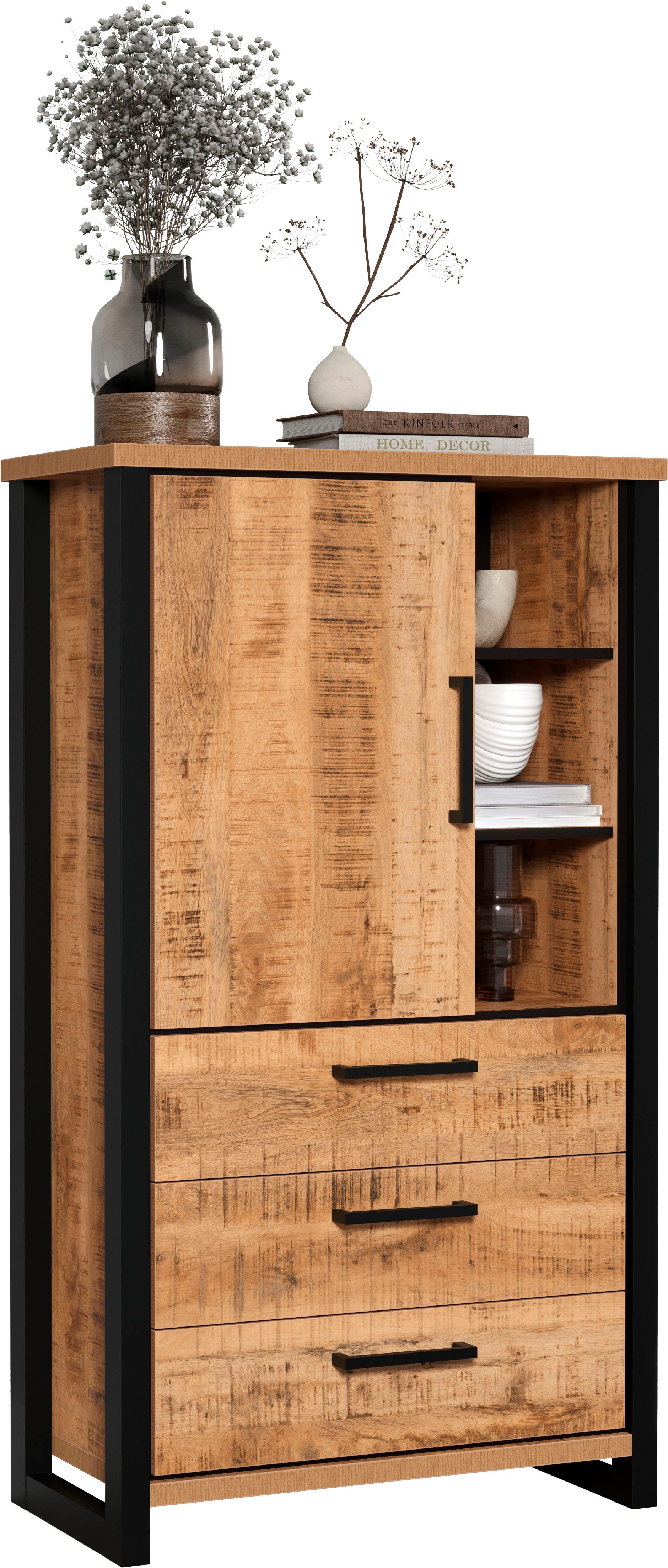 Home affaire Highboard Elda (1 St), Vitrine mit 1 Tür & 3 Schubladen mit Vollauszug – (B/T/H) 87/45/155 cm