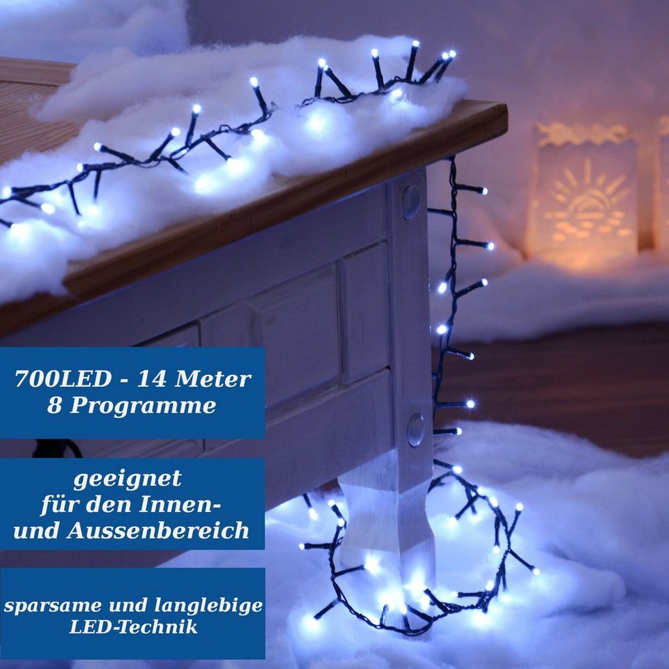 INtrenDU LED-Lichterkette Lichterkette kaltweiss für innen und aussen,  700LED 14m, mit 8 Programmen und Memoryfunktion