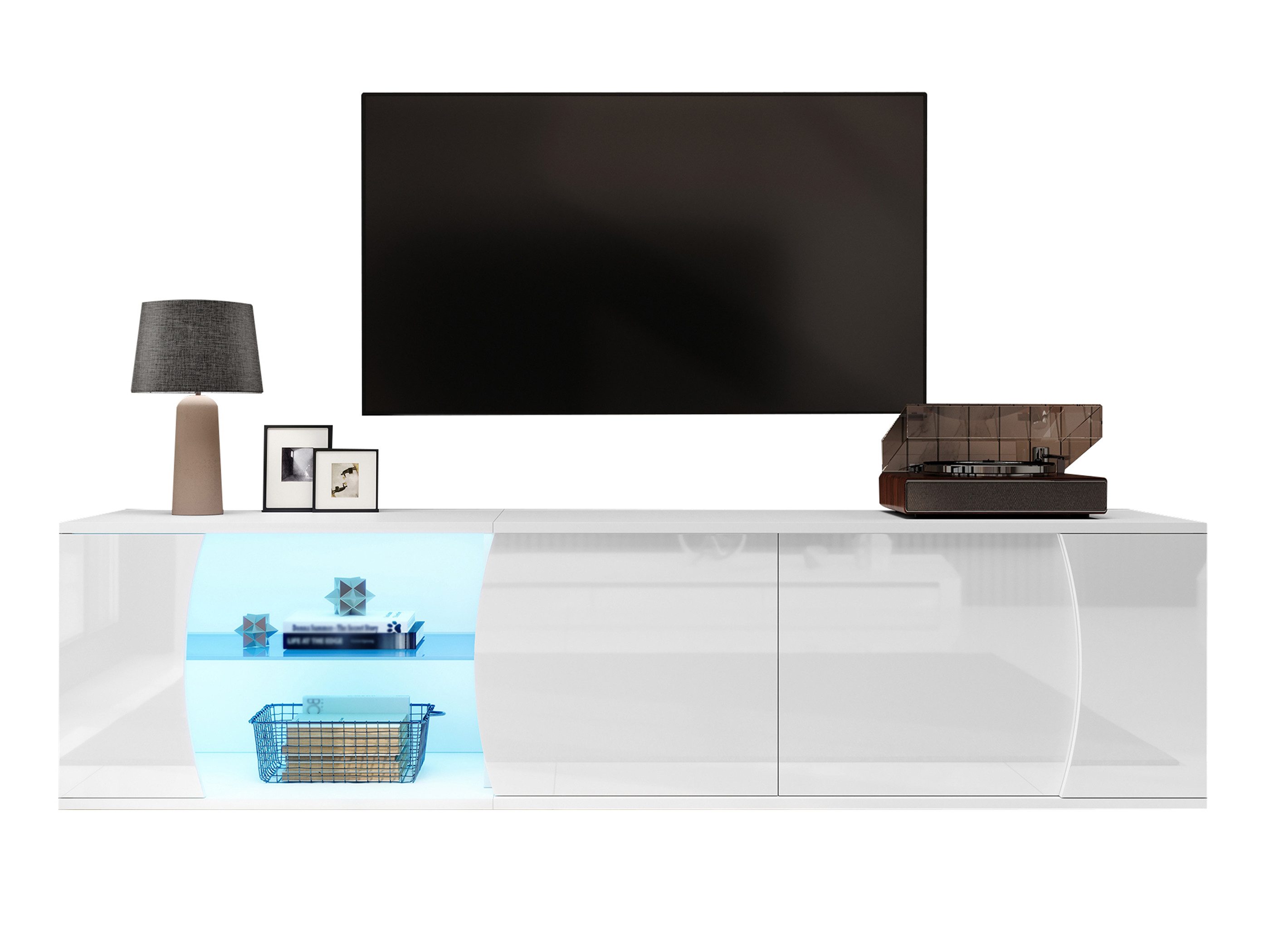 SeedWave Lowboard LED TV-Schrank im Hochglanz 180cm mit Halboffener Tür & Glasfächern, Griffloser Fernsehschrank mit Kabeldurchführung