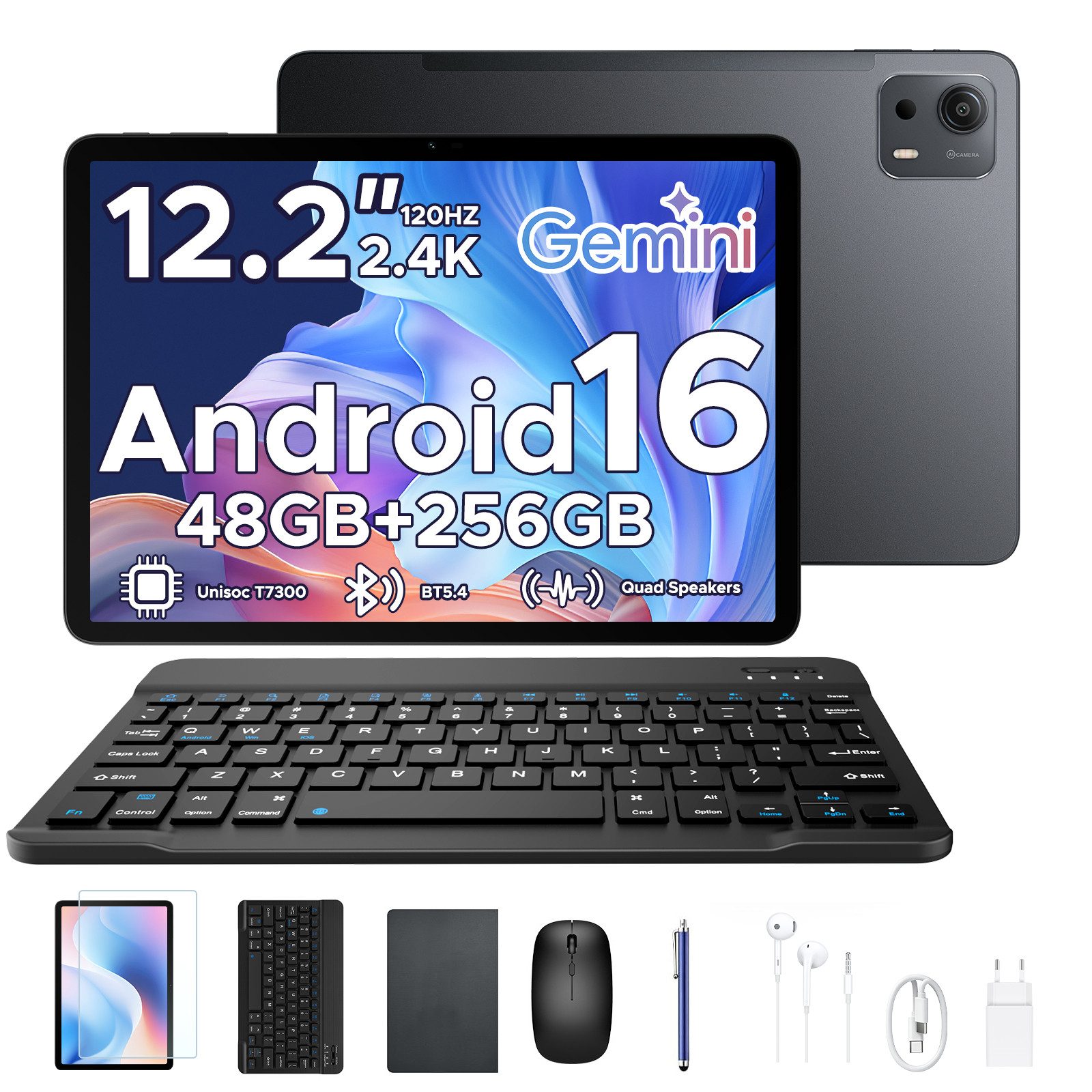 POCKAM P12 Plus 12 Zoll, 2,4K 120 Hz, Android 16, 12000 mAh, mit Tastatur Tablet (12", 256 GB, Android 16, 256GB ROM, T7300 Octa-core,5G WiFi, 8MP+13MP, Gemini AI, Face ID, OTG)
