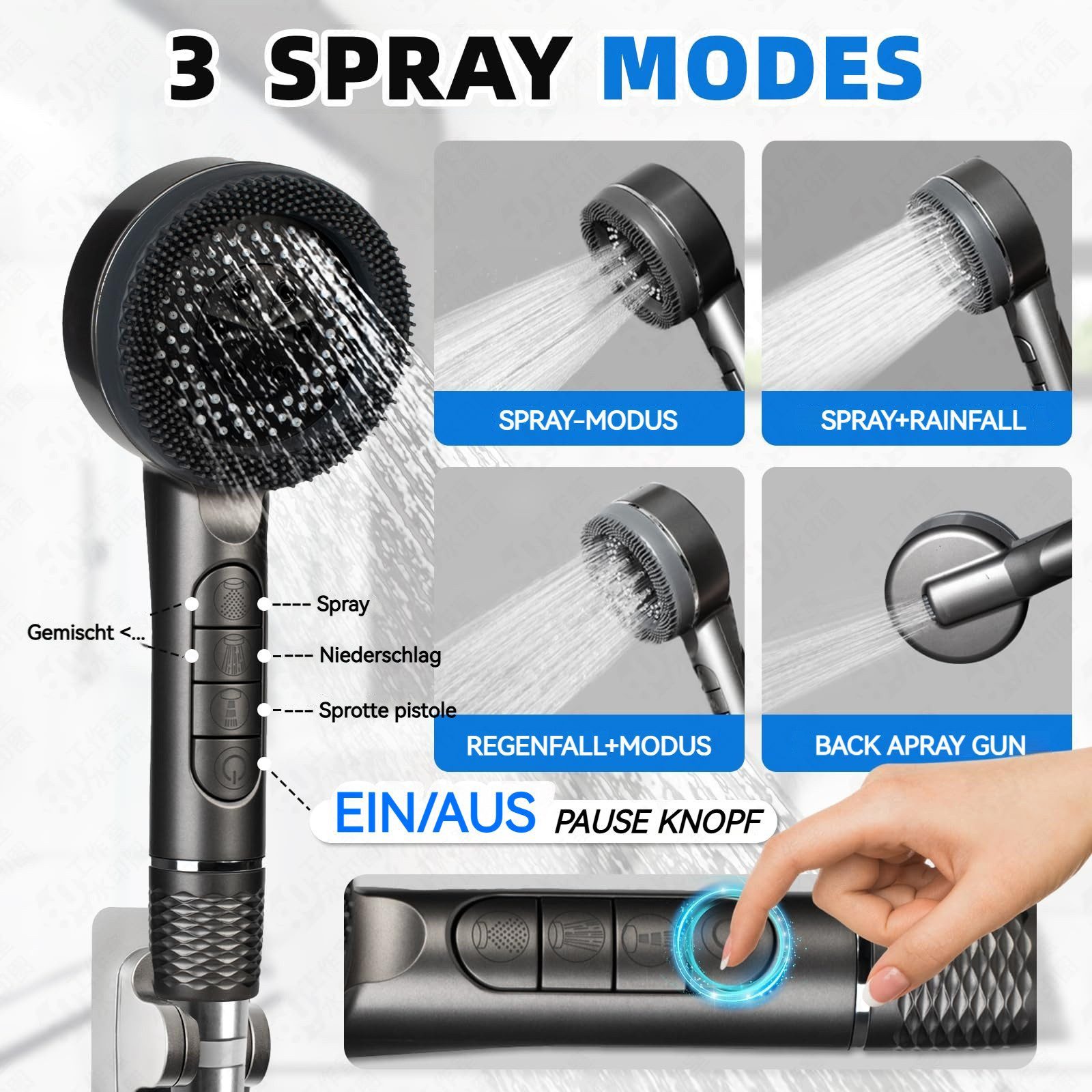 BlingBin Handbrause Duschkopf mit Filter, Hochdruck Handbrause mit 1,5 M Schlauch, (1 Stück, 1-tlg., Wassersparende Duschbrause mit Stoppfunktion), Sparduschkopf mit Antikalk-Funktion für Erhöhten Wasserdruck