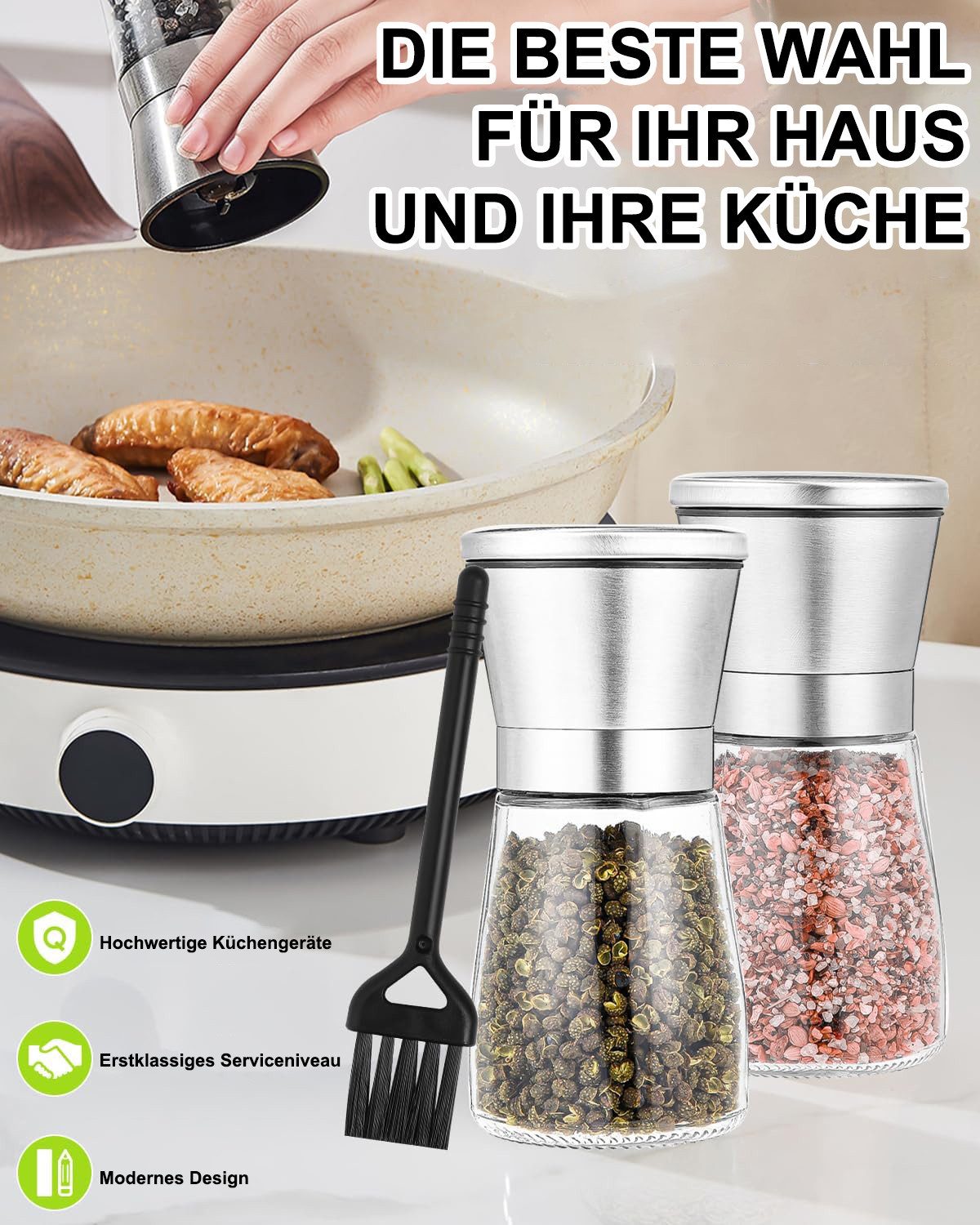 SinLaw Pfeffermühle Salz und Pfeffermühle 2er Set, Gewürzmühle aus Hochwertigem Edelstahl, (1 Stück), mit Manuell Verstellbarem Keramikmahlkern, für Pfeffer, Salz