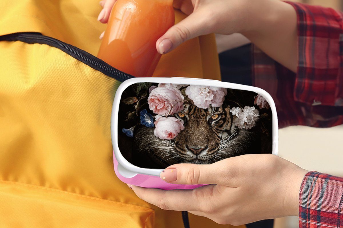 MuchoWow Lunchbox Tiger - Brotbox für - (2-tlg), Erwachsene, Kunststoff Blumen Brotdose rosa Porträt, Kinder, Mädchen, Snackbox, Kunststoff