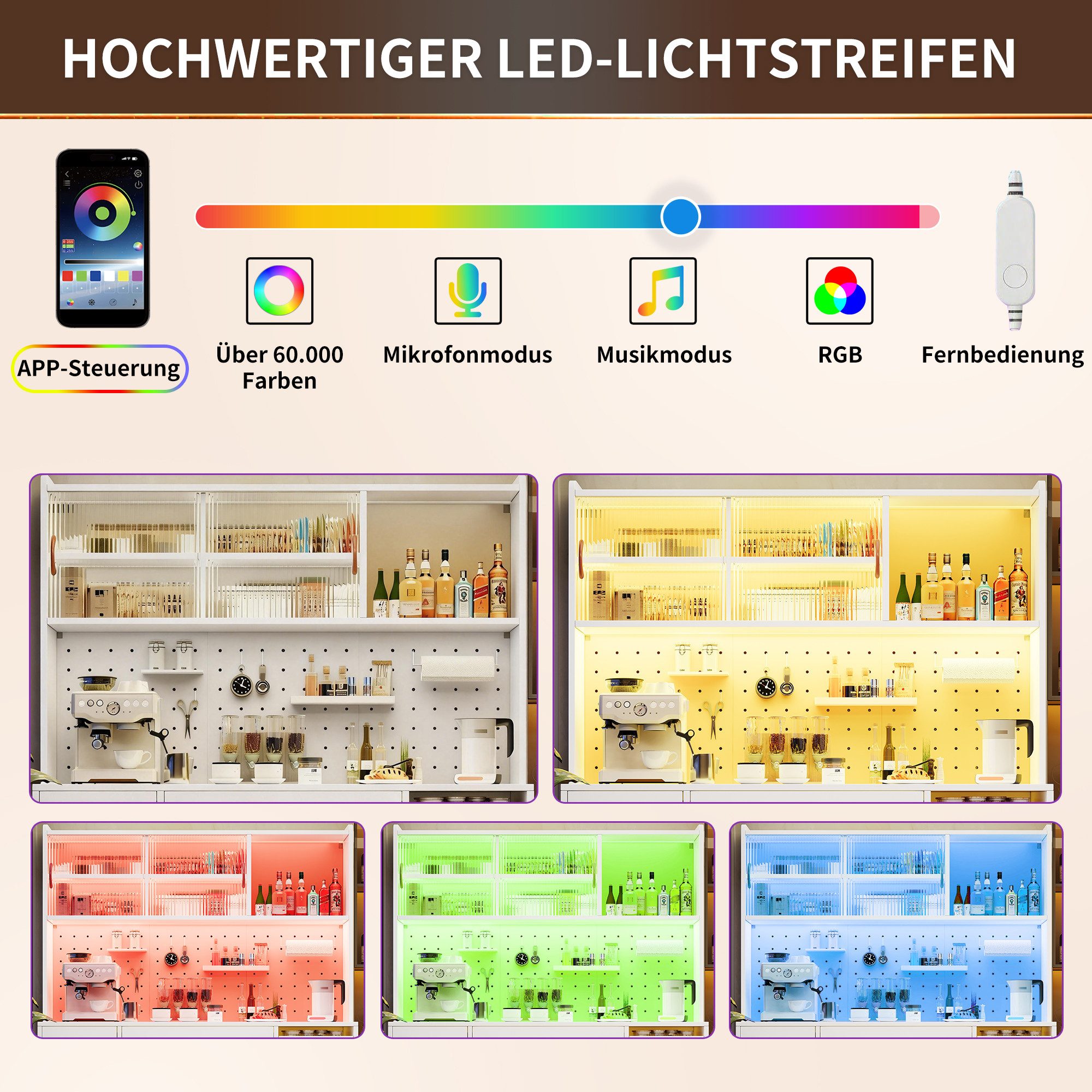 Odikalo Küchenbuffet Küchenschrank Buffetschrank mit LED & großer Stauraum (mit LED-Beleuchtung,Hochschrank für Küche & Wohnzimmer, Aufbewahrungsschrank mit Loc – Bild 5 von 5
