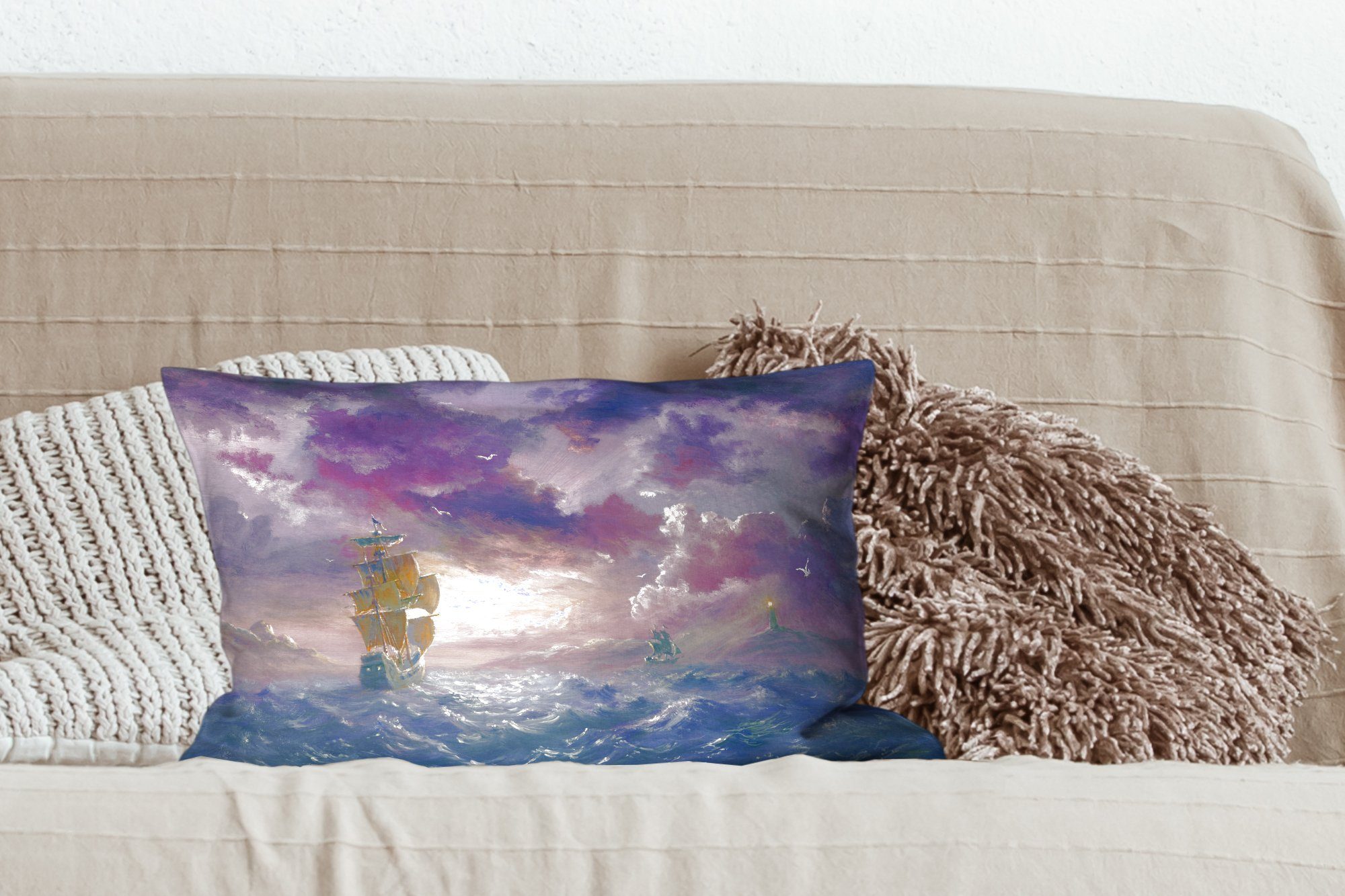 unter einem Himmel, Schlafzimmer eines Füllung, MuchoWow Dekokissen violetten Segelschiffs Zierkissen, Wohzimmer Dekoration, Dekokissen mit Illustration