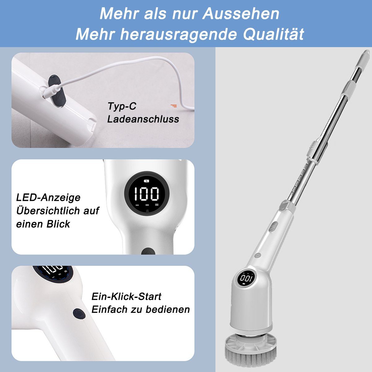 DOPWii Reinigungsbürsten-Set 9-in-1 einziehbare elektrische Reinigungsbürste, Grau LCD-Display, Schwarz