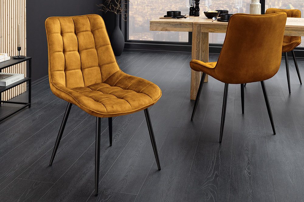 riess-ambiente Esszimmerstuhl ROADSTAR senfgelb / schwarz - Samt, Metallbeine, Ziersteppung (Einzelartikel, 1 St), gepolsterter Stuhl - ideal für Küche, Esszimmer, Wohnzimmer & Büro