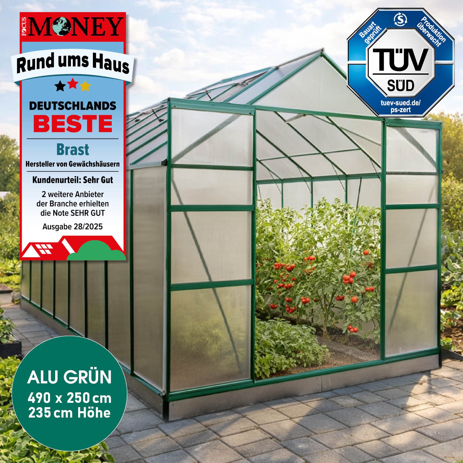 BRAST Gewächshaus ALU mit Fundament rostfrei 490x250x235cm TÜV geprüft, BxTxH: 250 x 490 x 235 cm, wetterfestes hochwertiges Aluminium, Temperaturbeständig, Wärmedämmend, Lichtbrechend & UV-stabilisiert