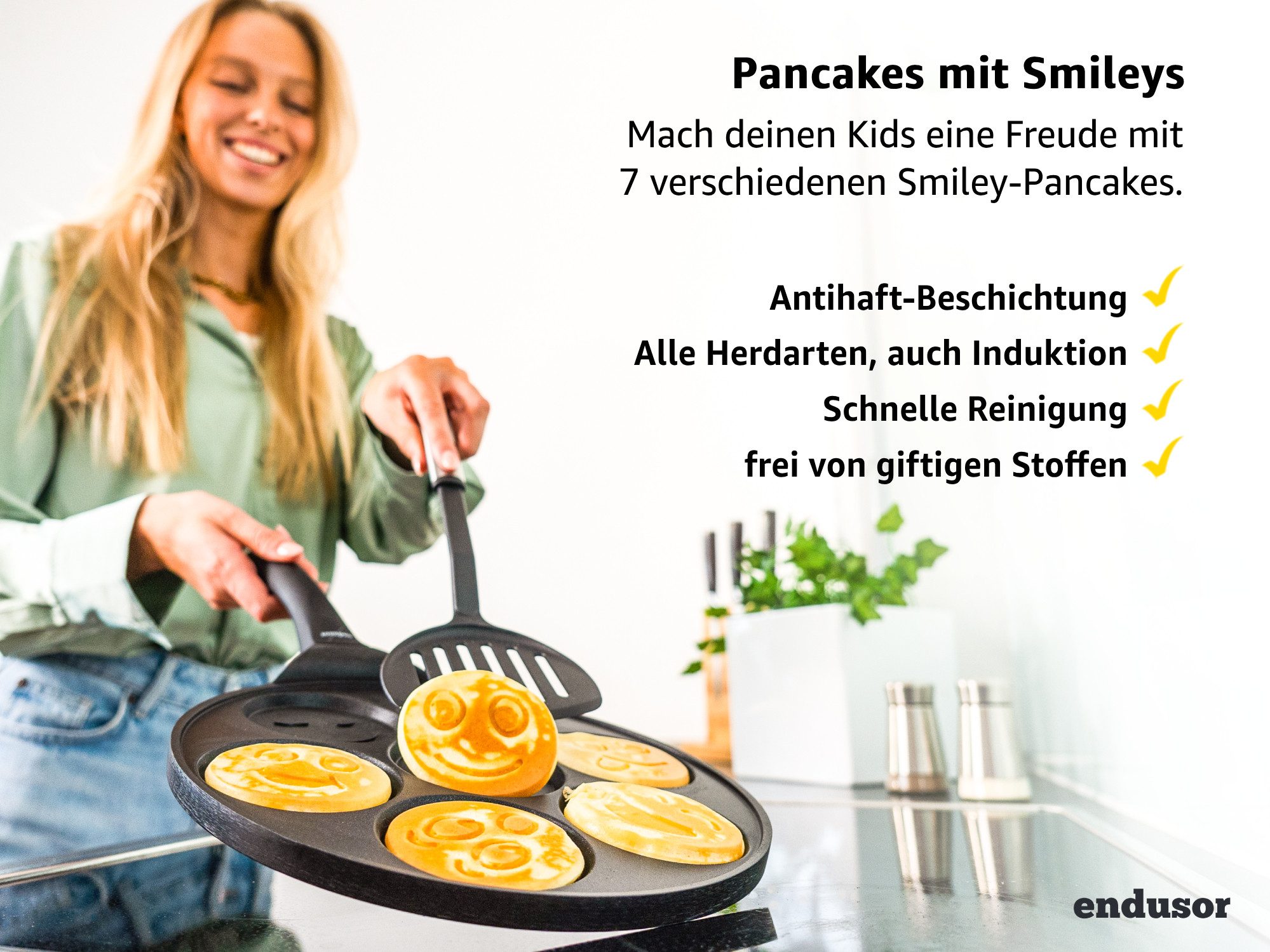 endusor Crêpepfanne Pancake Pfanne ⌀26cm mit 7 Smiley Motiven für Kinder, Aluminiumguss (Alle Herdarten inkl. Induktion, Ø 26cm Bratpfanne), modernster Antihaft-Beschichtung & Eisenkernboden für Pancakes & Mehr