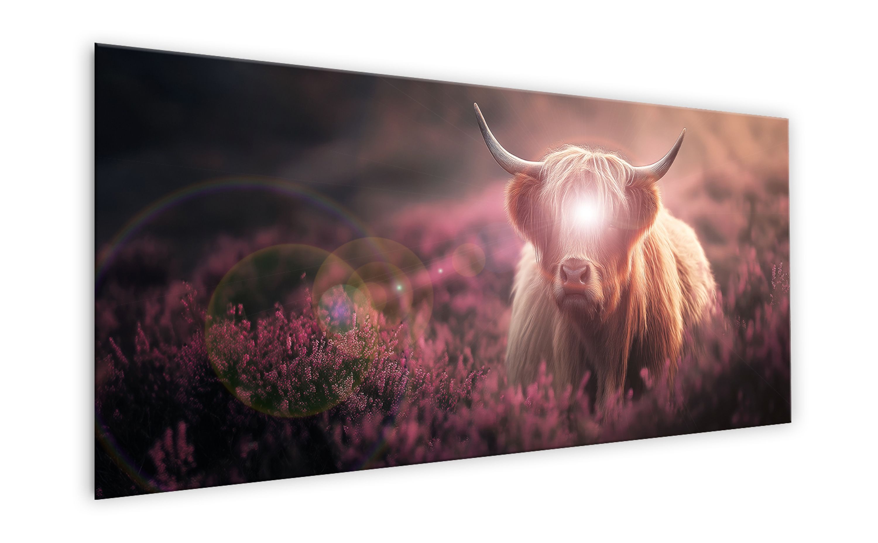 artissimo Glasbild XXL Bild aus Glas 125x50 cm / Panorama Wandbild groß / Wanddeko modern, Tiere: Highland Rind auf Blumewiese