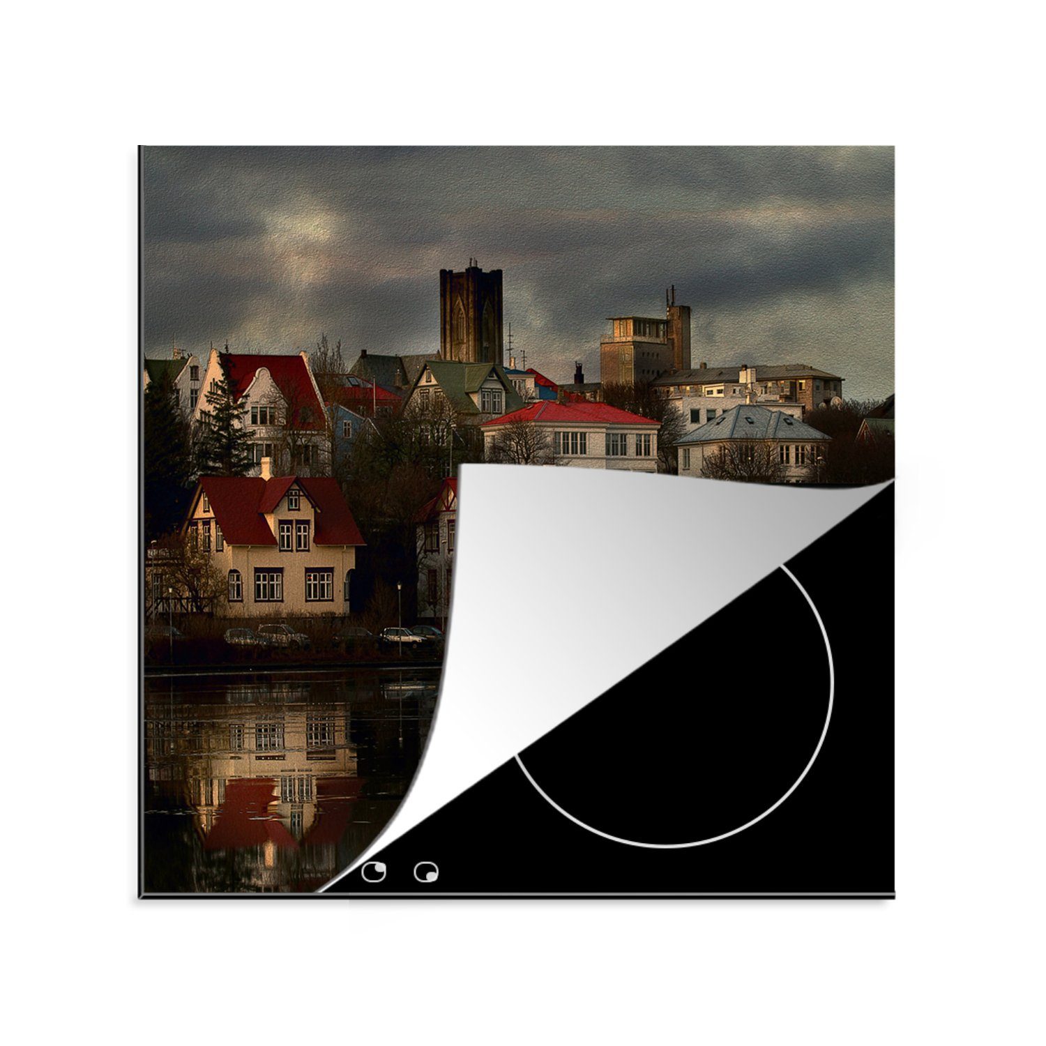 MuchoWow Herdblende-/Abdeckplatte Reykjavik bei Nacht, Vinyl, (1 tlg), 78x78 cm, Ceranfeldabdeckung, Arbeitsplatte für küche | Herdabdeckplatten