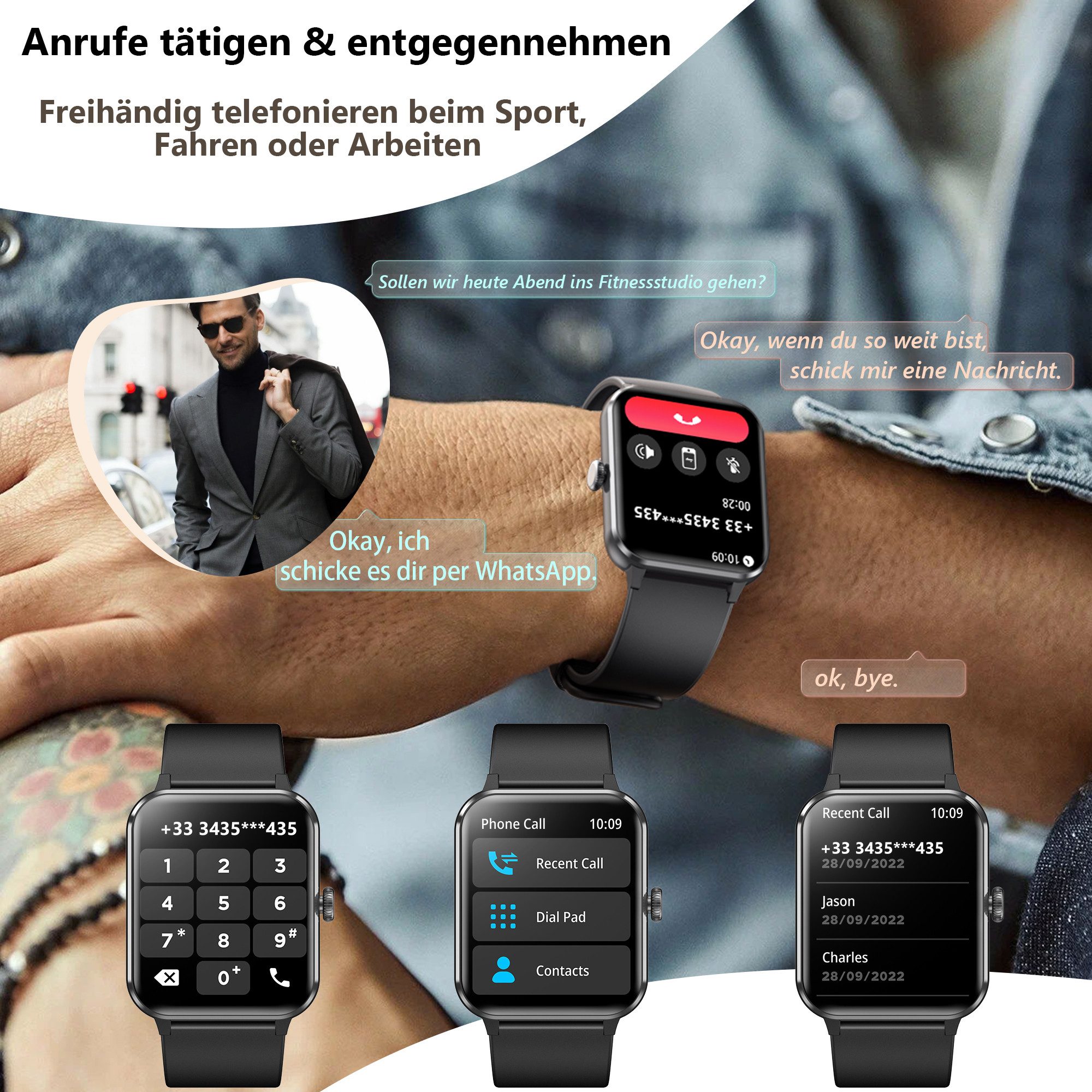 IOWODO Smartwatch Damen Herren 1,85" HD Touch Bluetooth Anruf Sport Uhr Smartwatch (1.85 Zoll, IOS/Android) Smartwatch Damen Herren,Smart Watch für Android iOS( 2 Armband) , Mit geflochtenem Uhrenarmband, Telefon,App-Fitnesskurse, SpO₂-/HR-/Schlafüberwachung,2 Armbänder,IP68
