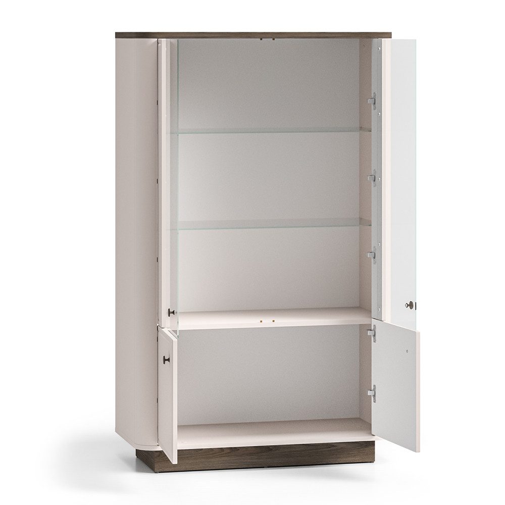 Lomadox Highboard VEJANO-131, Vitrinenschrank Beige mit Eiche, 2 Türen, LED Beleuchtung