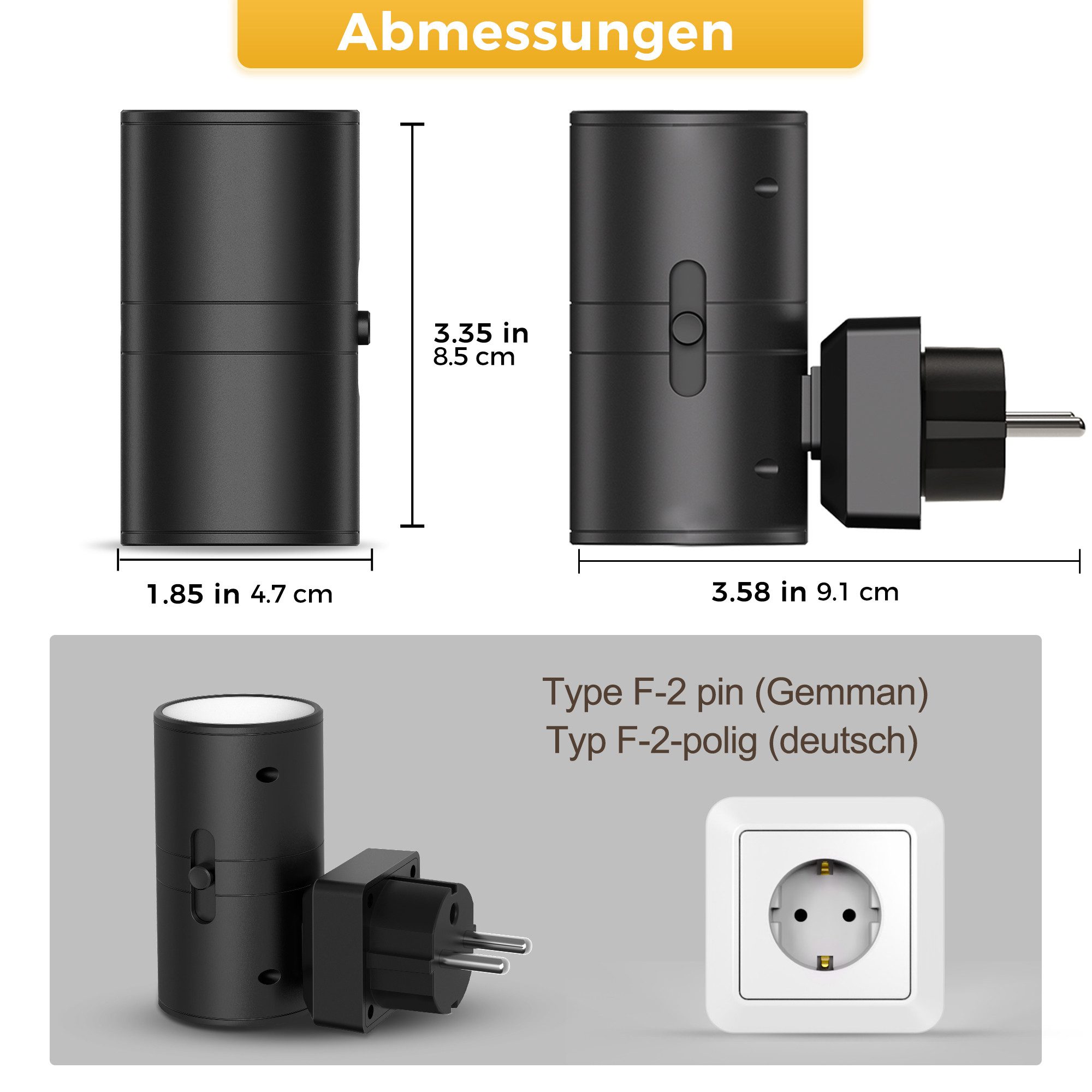 LOHAS-LED Nachtlicht Zylindrisches Steckdosen‑Nachtlicht in Schwarz, 1W Dimmbar, LED fest integriert, mit Dämmerungssensor, 3000K Warmweißlicht, 2er‑Set