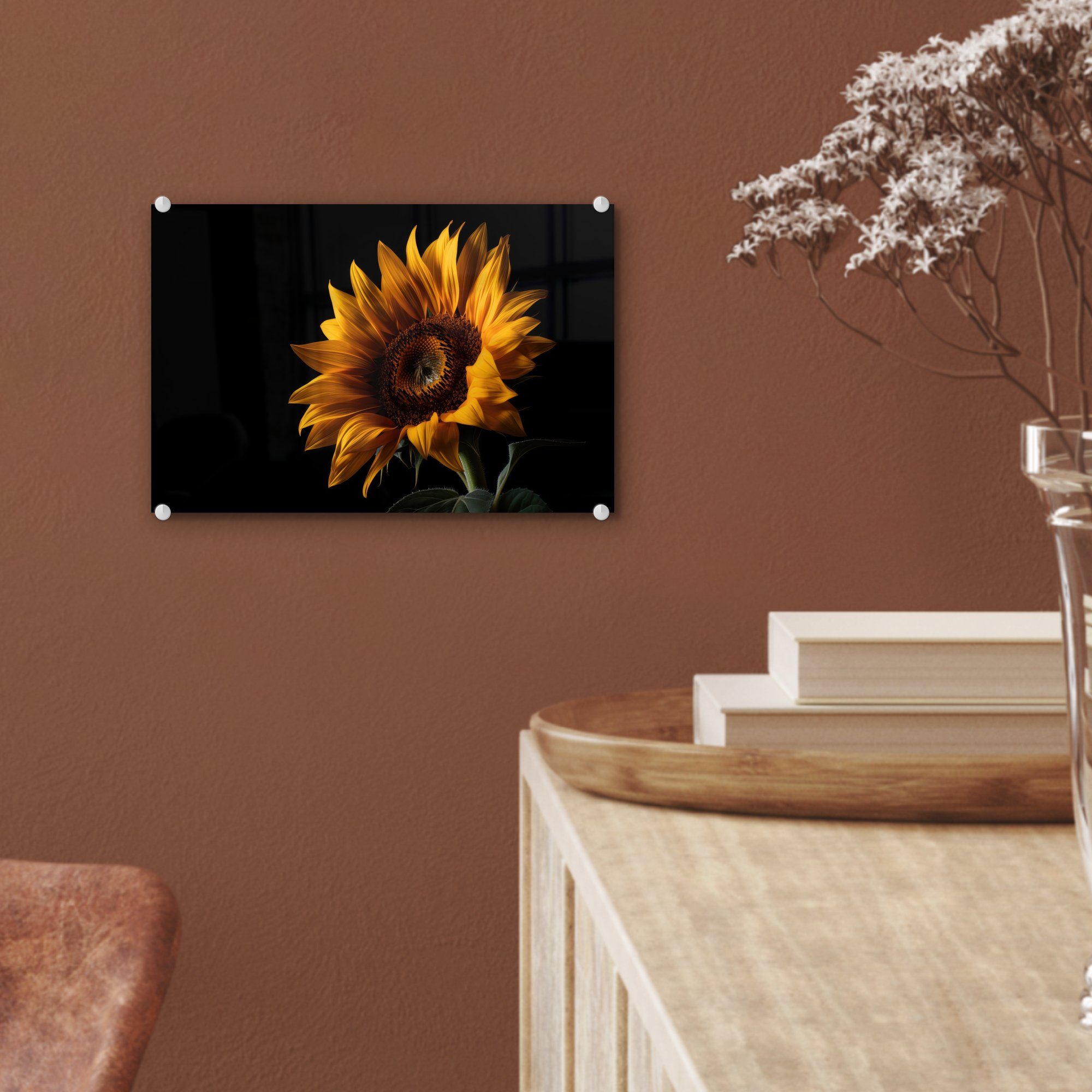 St), - (1 - MuchoWow Bilder Glas Blumen auf - - - Schwarz Botanisch Sonnenblume, Glas Acrylglasbild Glasbilder - Wanddekoration auf Wandbild Foto