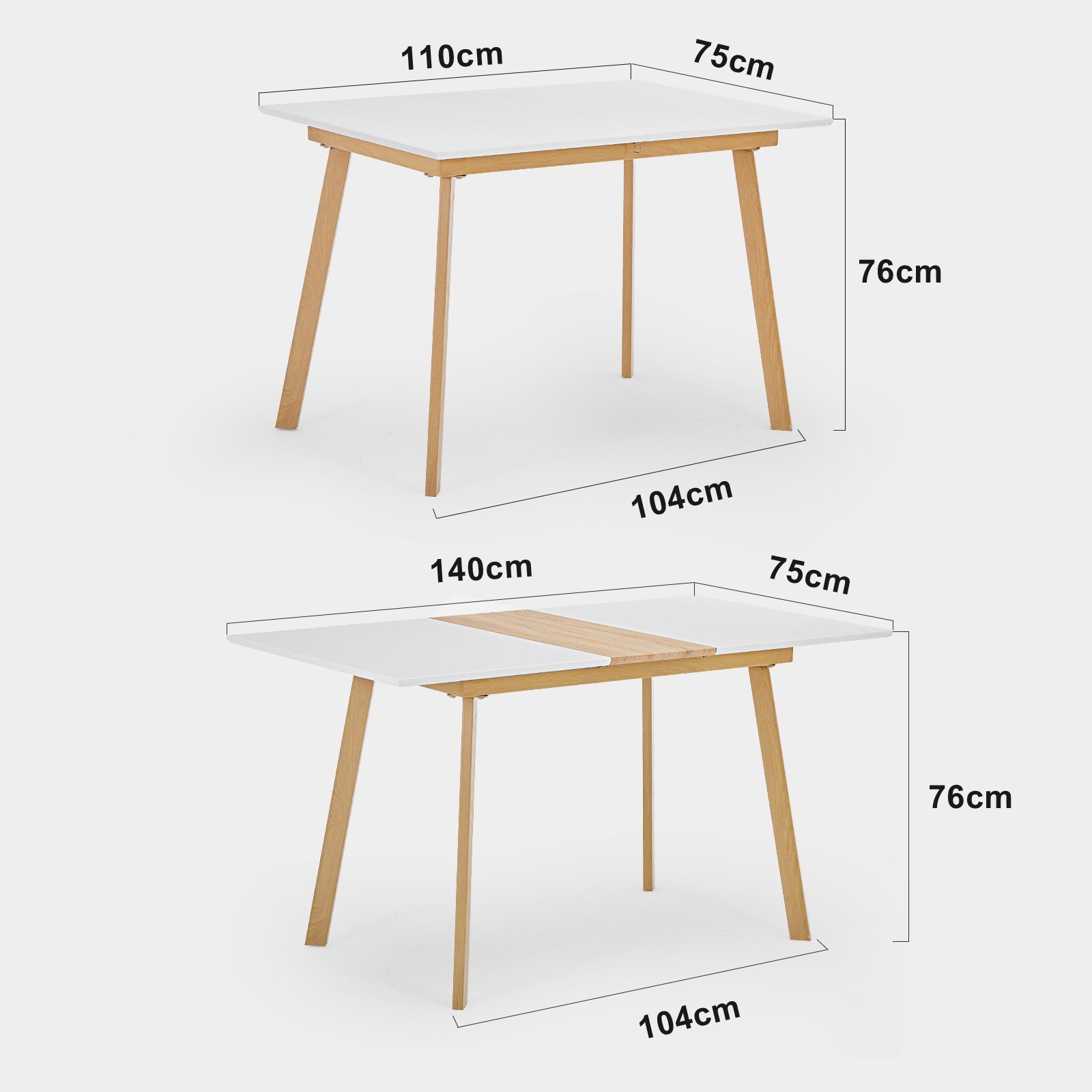 Vierkantrohrbeine, Esstisch und Esstisch mattweiße Massivholzeinlagen Heim Ulife Ausziehbarer 1-St), für Büro (Stahlrahmen Tischplatte mit Doppelnutzung und Weiß+Holzfarbe