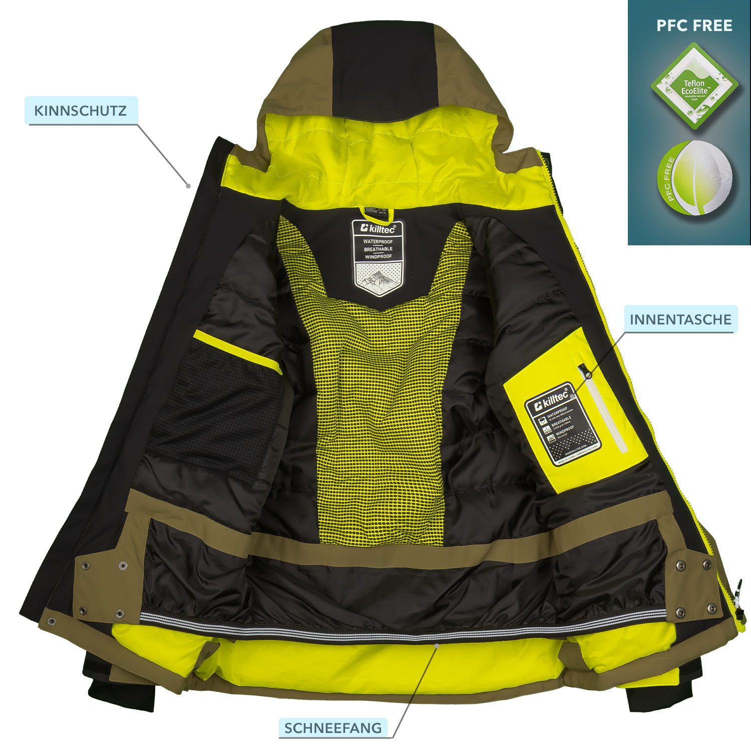 Killtec Skianzug Jungen Kinder Skijacke oliv + Skihose gelb, wasserdicht und atmungsaktiv