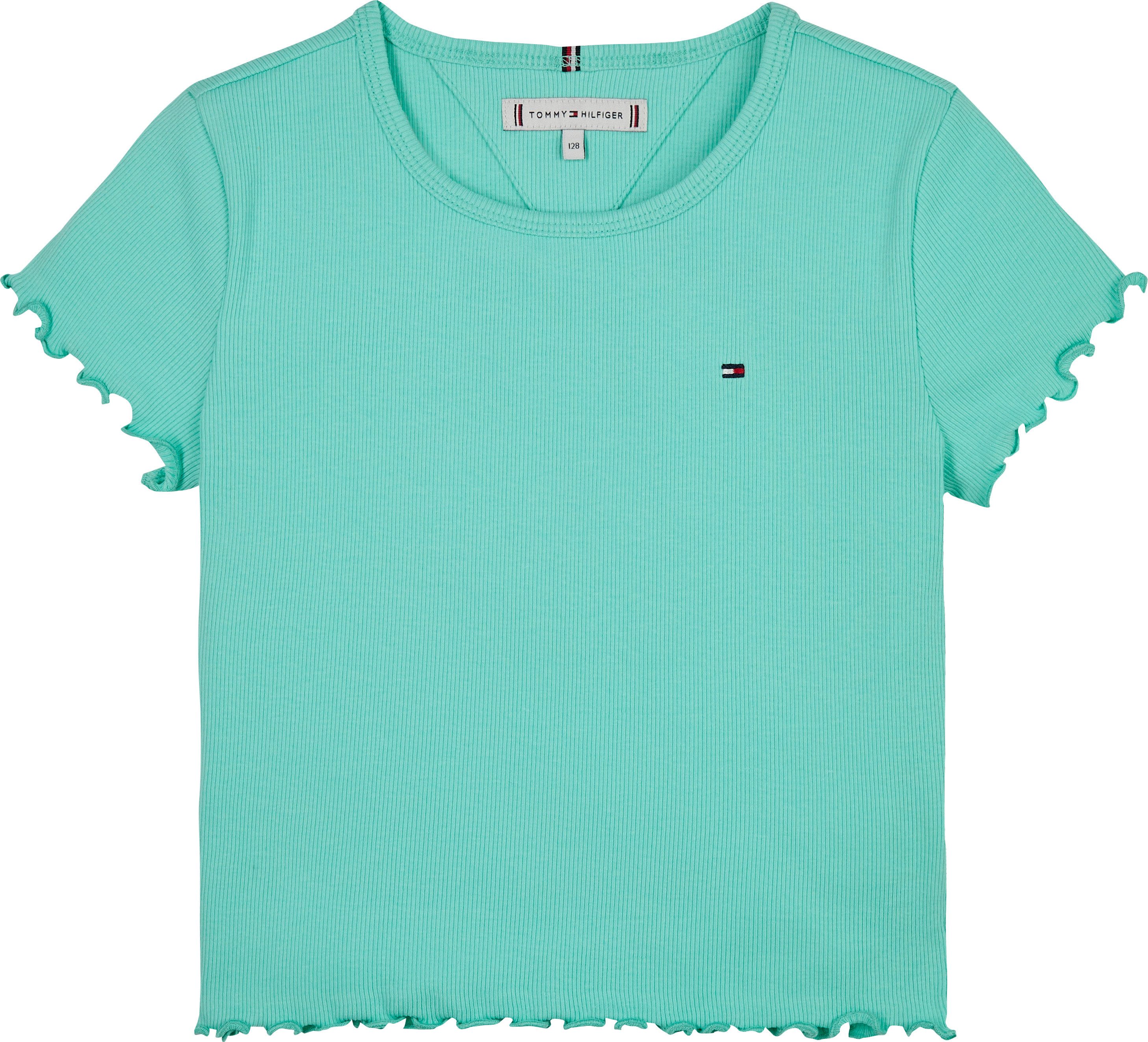 Tommy Hilfiger T-Shirt ESSENTIAL RIB TOP mit Babylock-Kanten und Stickerei unifarben, casual, regular fit, Baumwollmix, Rundhals