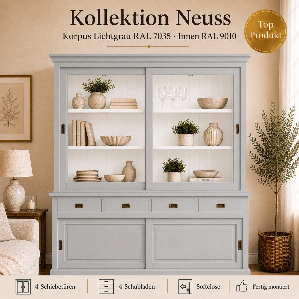 Wohnpalast Vitrine Vitrinen Schrank Neuss 180 cm Lichtgrau - Vitrine mit Schiebetüren