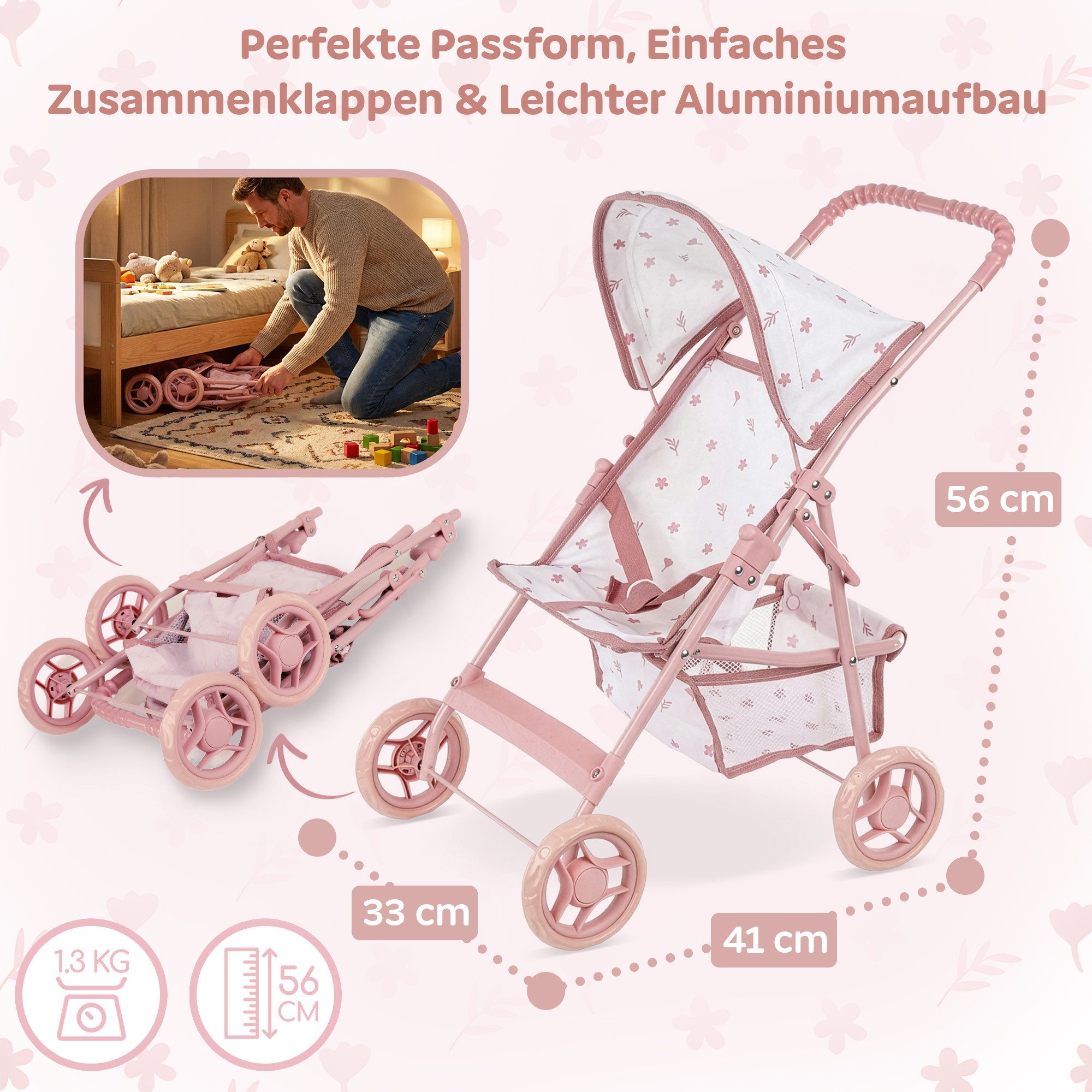 kinderplay Puppenbuggy Puppenwagen Buggy – leicht faltbar – Spielspaß für Kinder – rosa