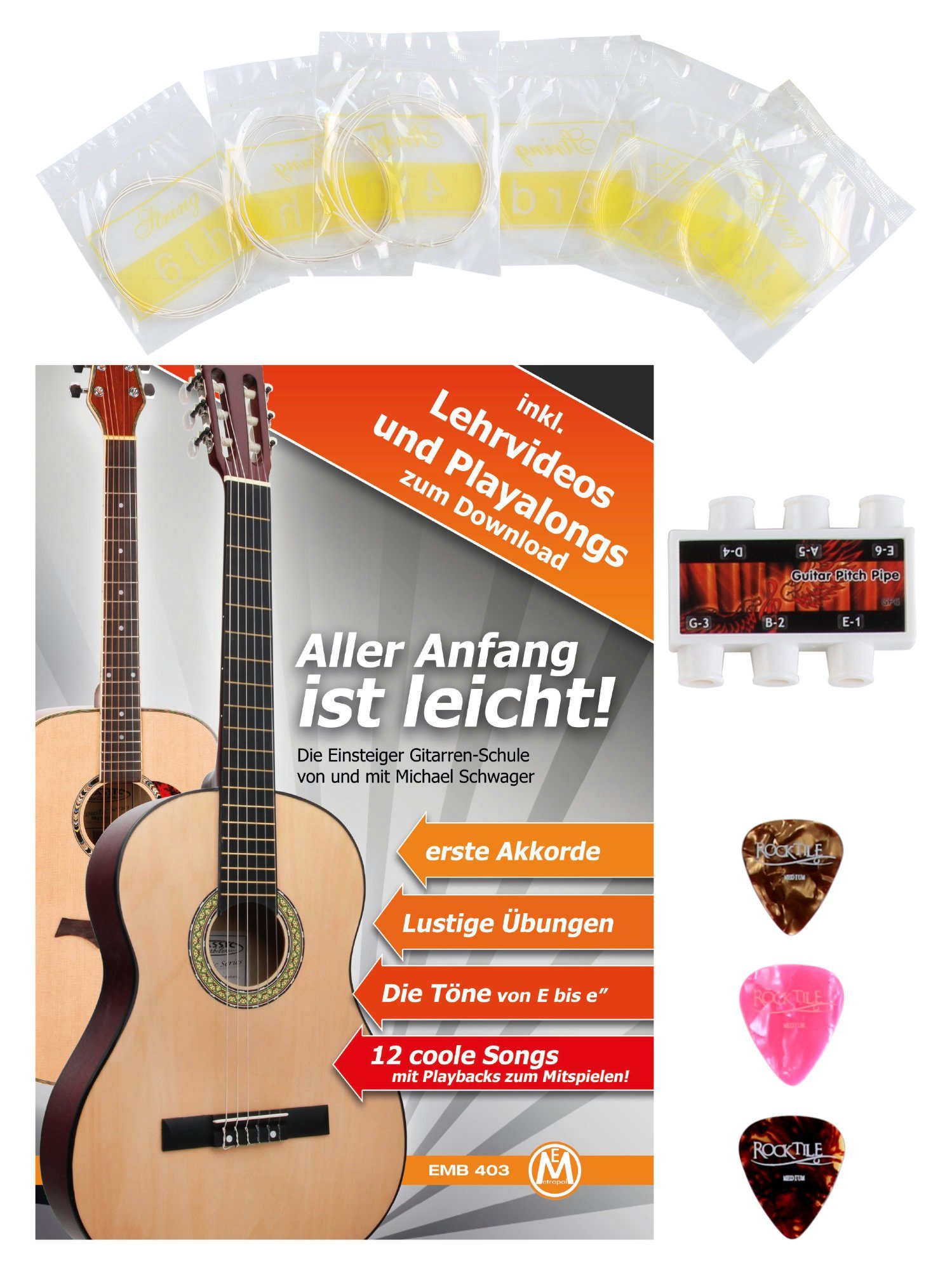 Classic Cantabile Gitarrentasche Zubehörset für Westerngitarre (5-tlg., inkl. Schule, Tasche, Plektren und Saiten), Gitarrentasche mit Tragegurt und Notenfach