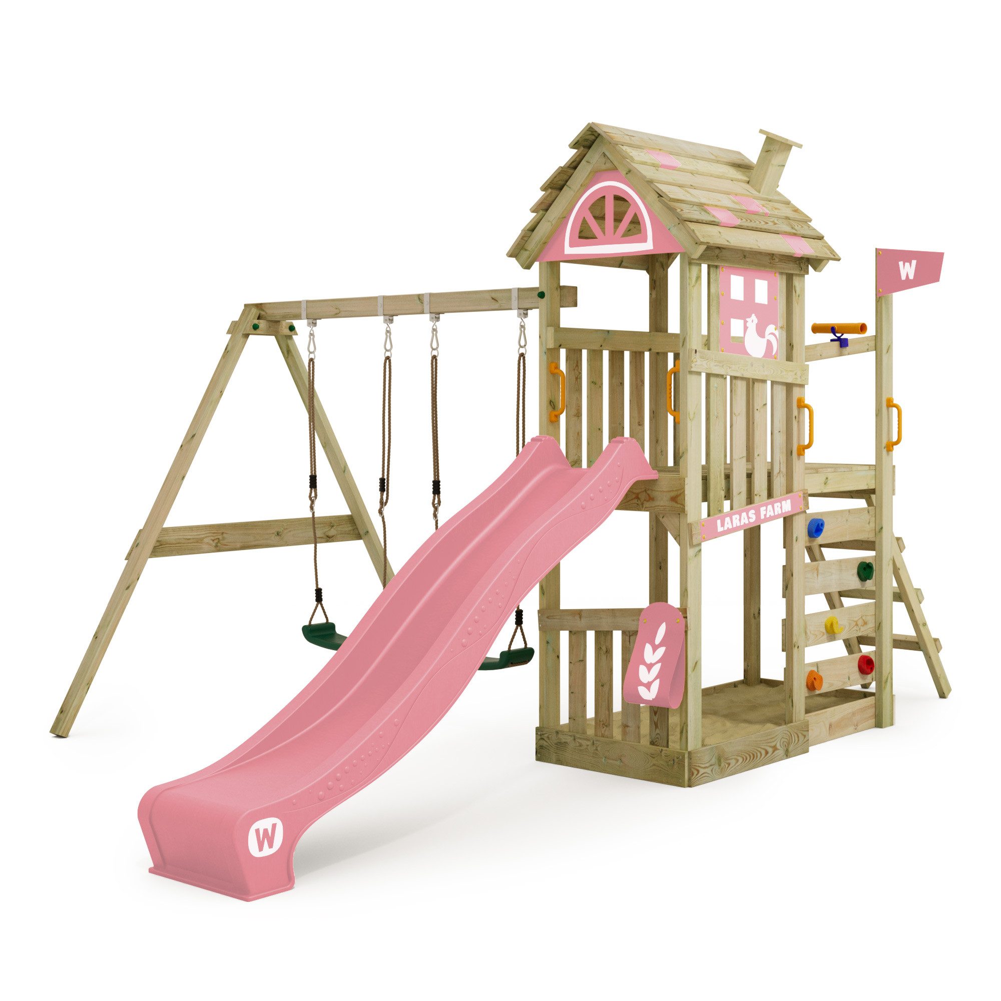 Wickey Spielturm FarmFlyer Spielturm im Farmhausstyle mit Doppelschaukel und Sandkasten, Perfekt für kleine Abenteurer mit 10 Jahren Garantie*