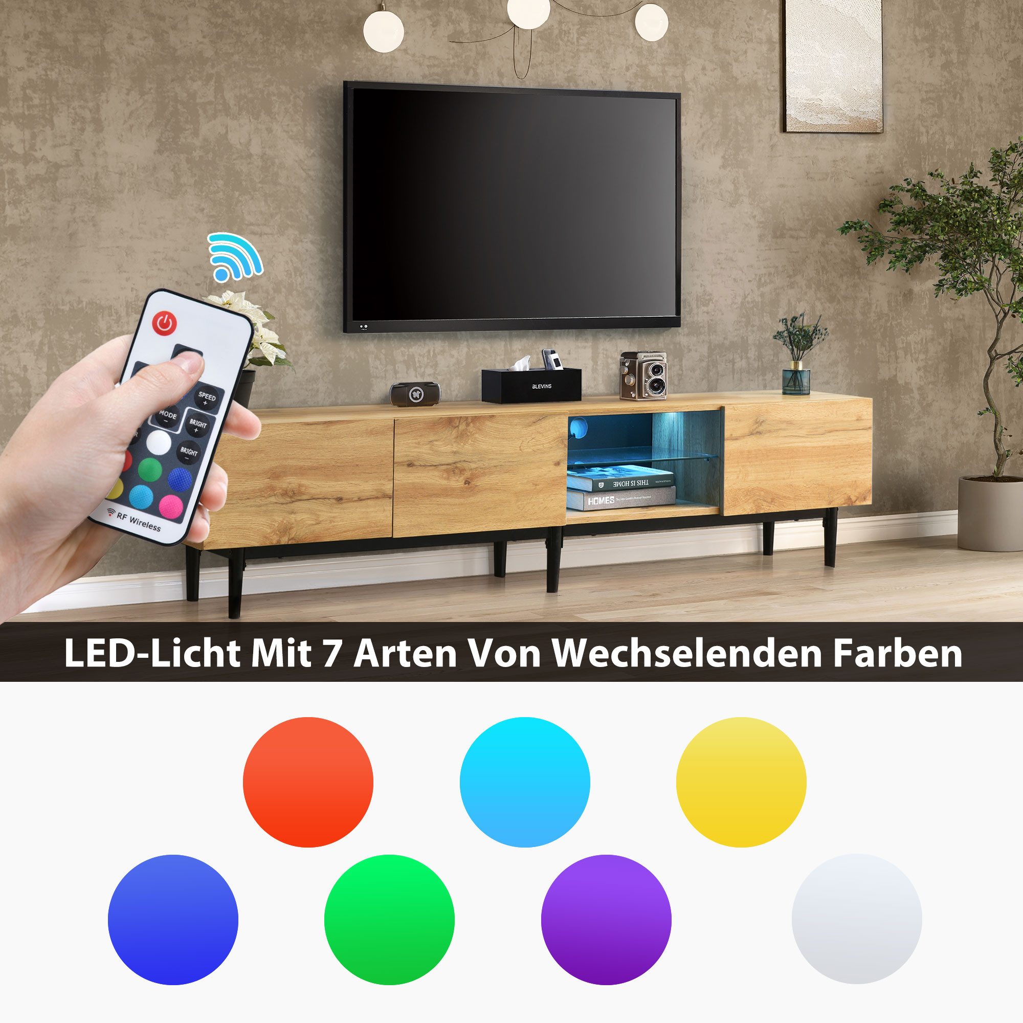 KLAM HOME Lowboard moderner klassischer TV-Schrank aus Wildeiche mit LED-Leuchten (für Wohnzimmer Schlafzimmer), TV-Tisch TV-Board TV-Kommode 175 x 31 x 41 – Bild 4 von 5