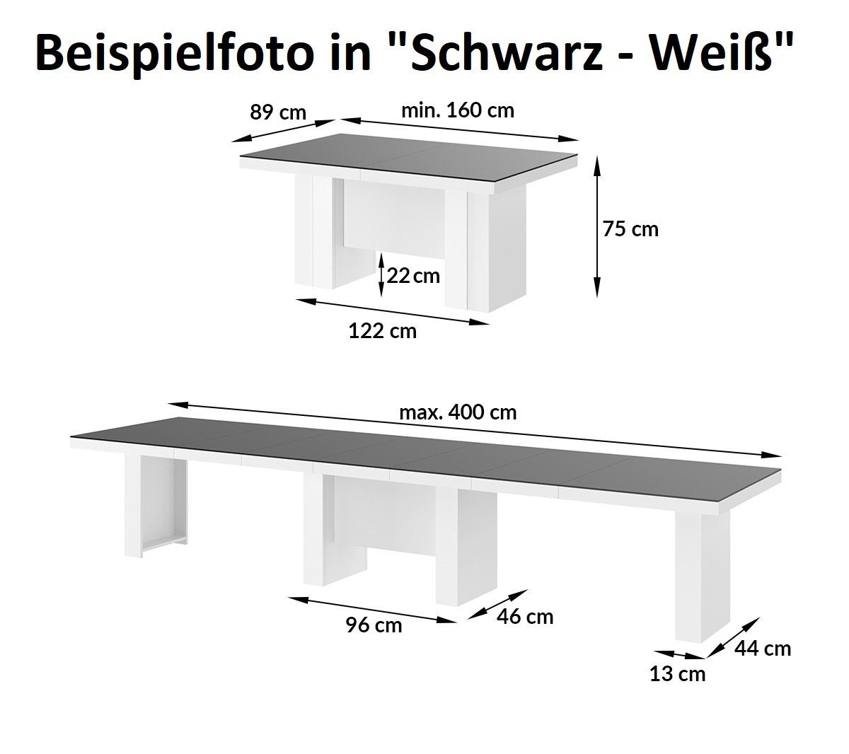 bis Hochglanz Beton cm Esstisch / designimpex Tisch 400 Weiß 160 XXL Hochglanz Design HLA-111 Esstisch ausziehbar