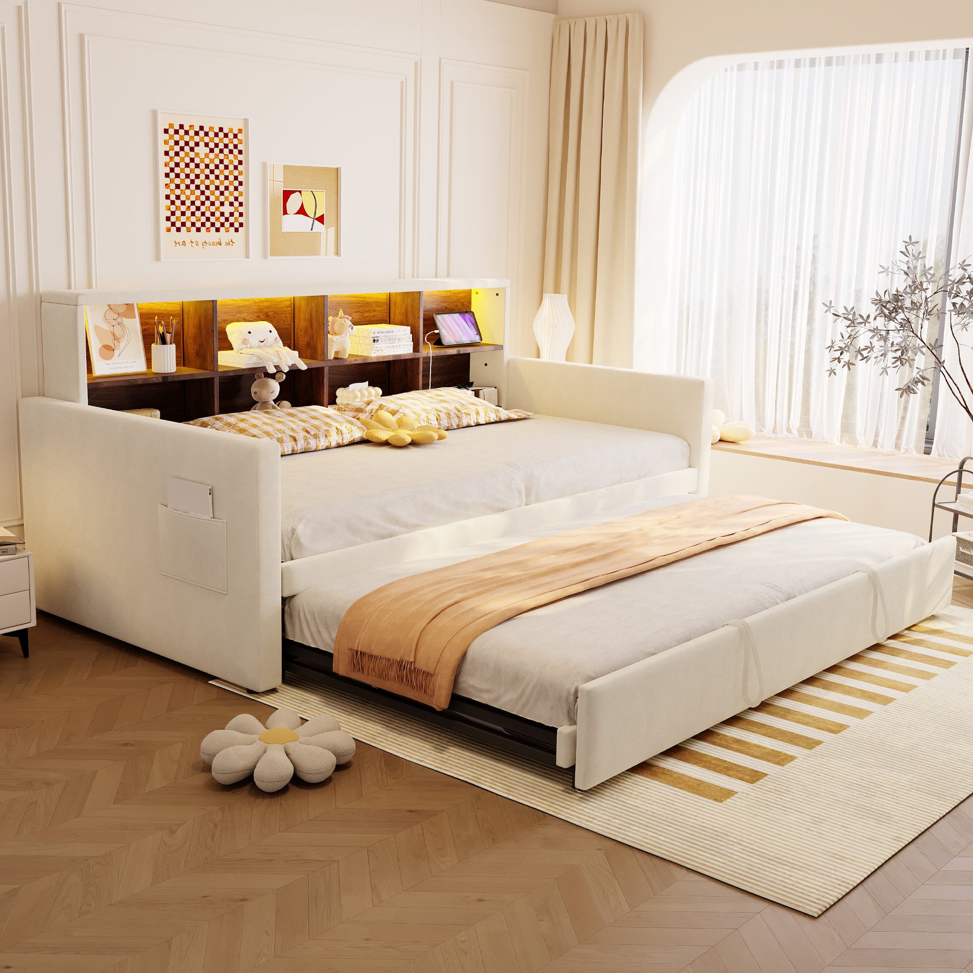 Celya Polsterbett Schlafsofa 90x190 cm mit Ausziehbett (ohne Matratze, Samtpolsterung, mit integrierten Staufächern, LED-Lichtleiste und Ladesteckdosen)