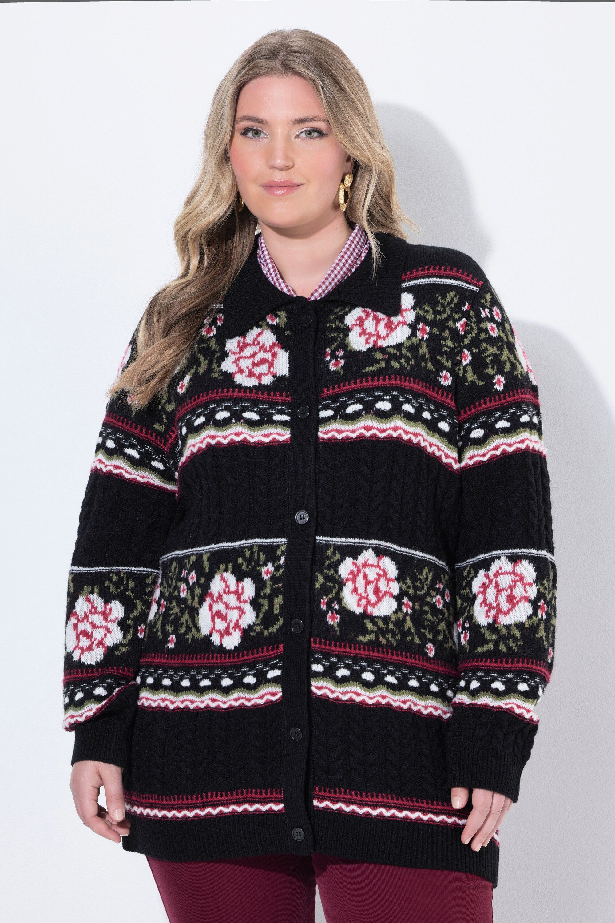 Ulla Popken Strickjacke Strickjacke Blumenstreifen Hemdkragen Langarm
