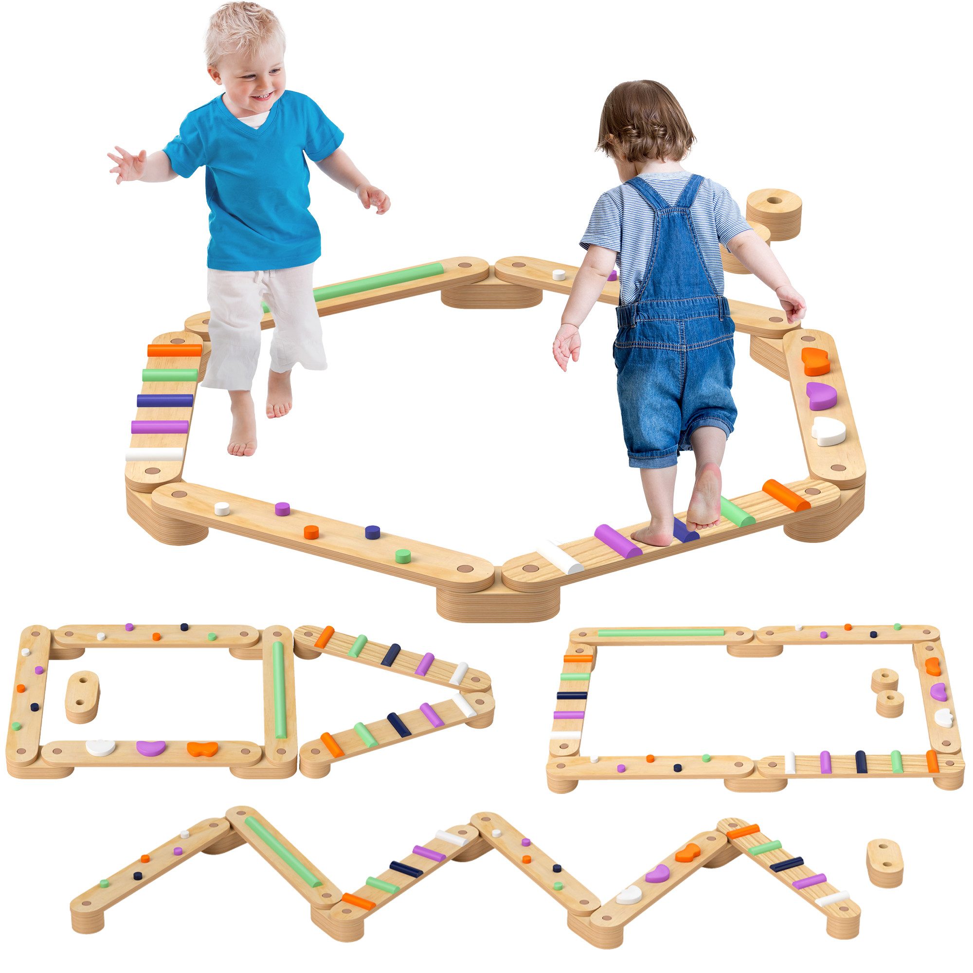 Balanceboard Holz Schwebebalken mit Bunte Hindernissteine