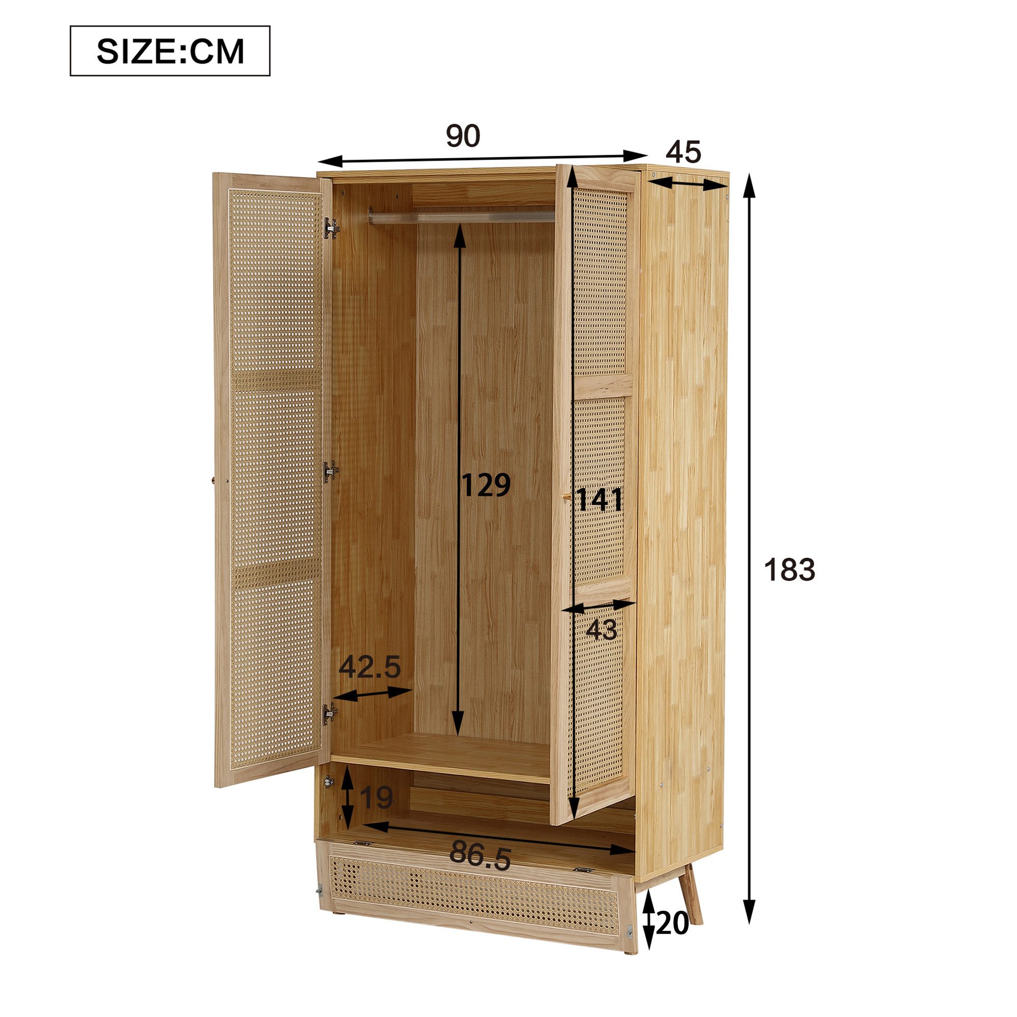 Flieks Kleiderschrank 2-türiger Schrank mit Stange und unterem Flip-Top-Deckel, Rattan