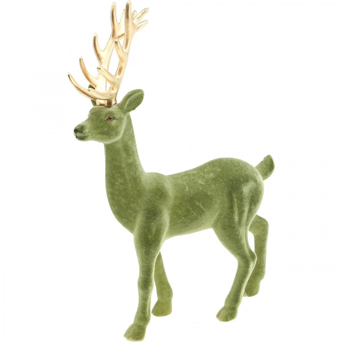 Florists Products Weihnachtsmann Deko Hirsch Figur Rentier Beflockt Grün Gold Weihnachtsdeko