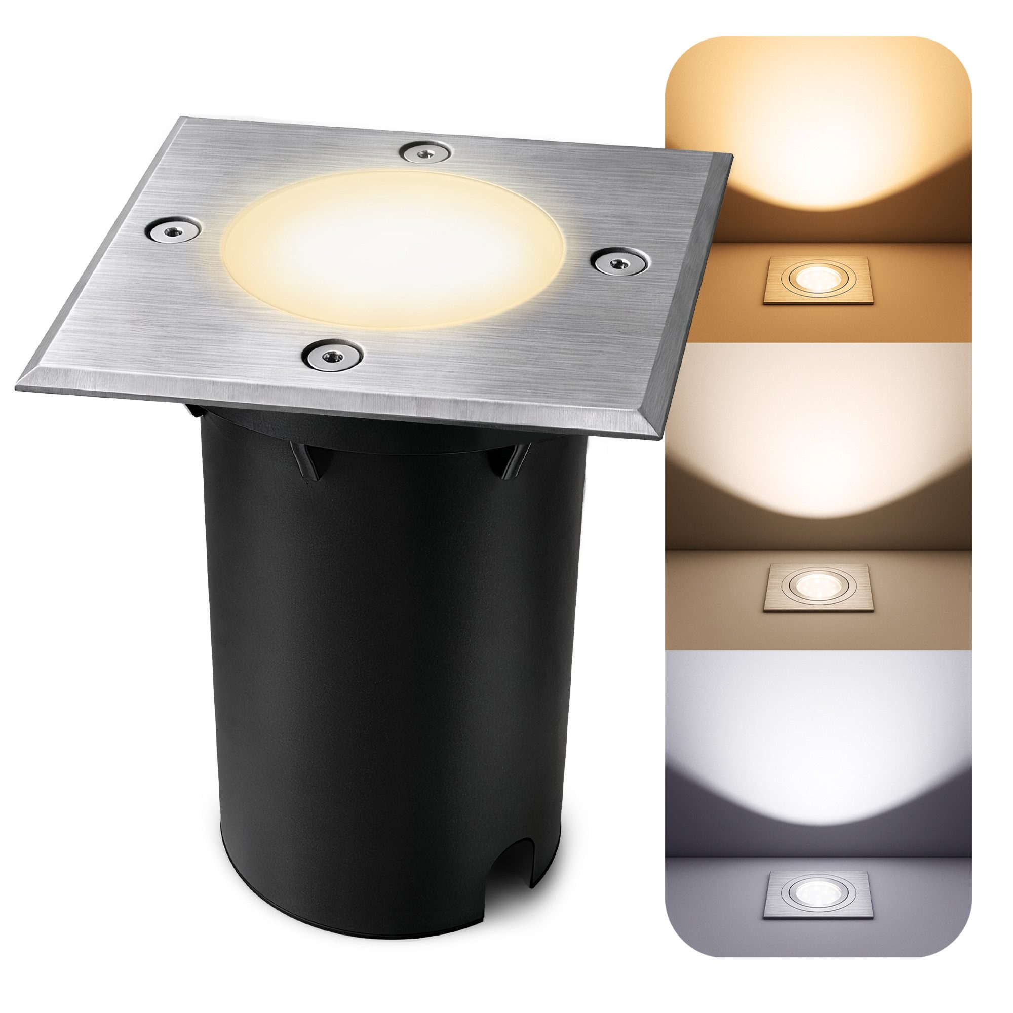 SSC-LUXon KALPA Bodeneinbauspot silber IP67 LumiFLEX LED GU10 6W 3 Lichtmodi, Neutralweiß, Warmweiß, Tageslichtweiß