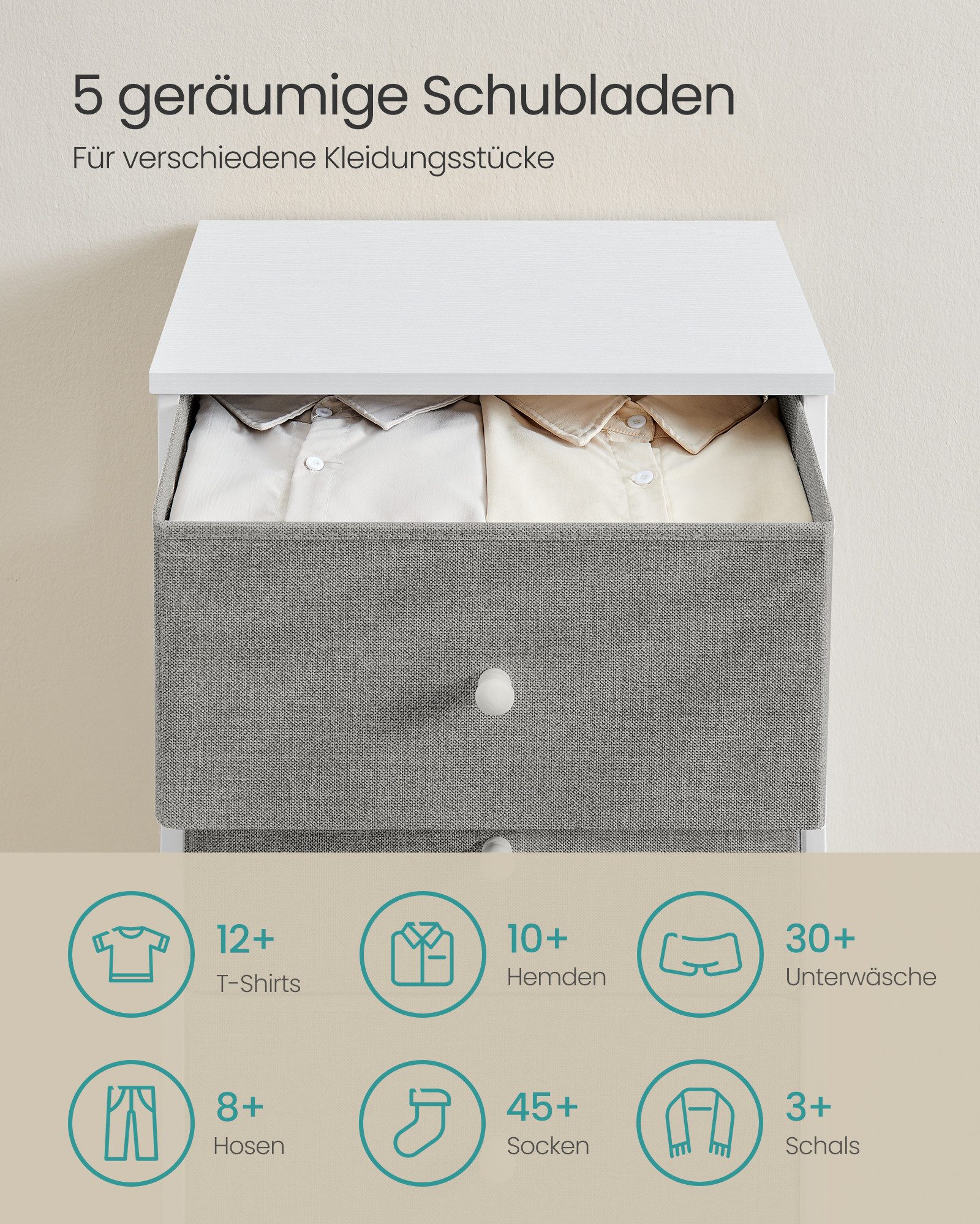 SONGMICS Kommode, Aufbewahrungsschrank mit 4 Stoff-Schubladen