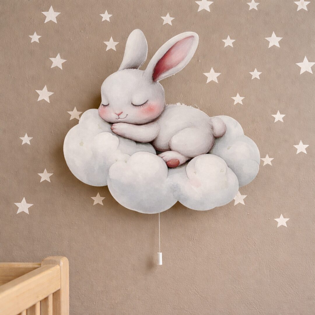 COZYCOLLECTIONS LED Wandleuchte Hase auf Wolke LED-Nachtlicht Weiß Grau, LED, Warmweiß, Montessori-inspiriertes Nachtlicht für ruhige Abendrituale