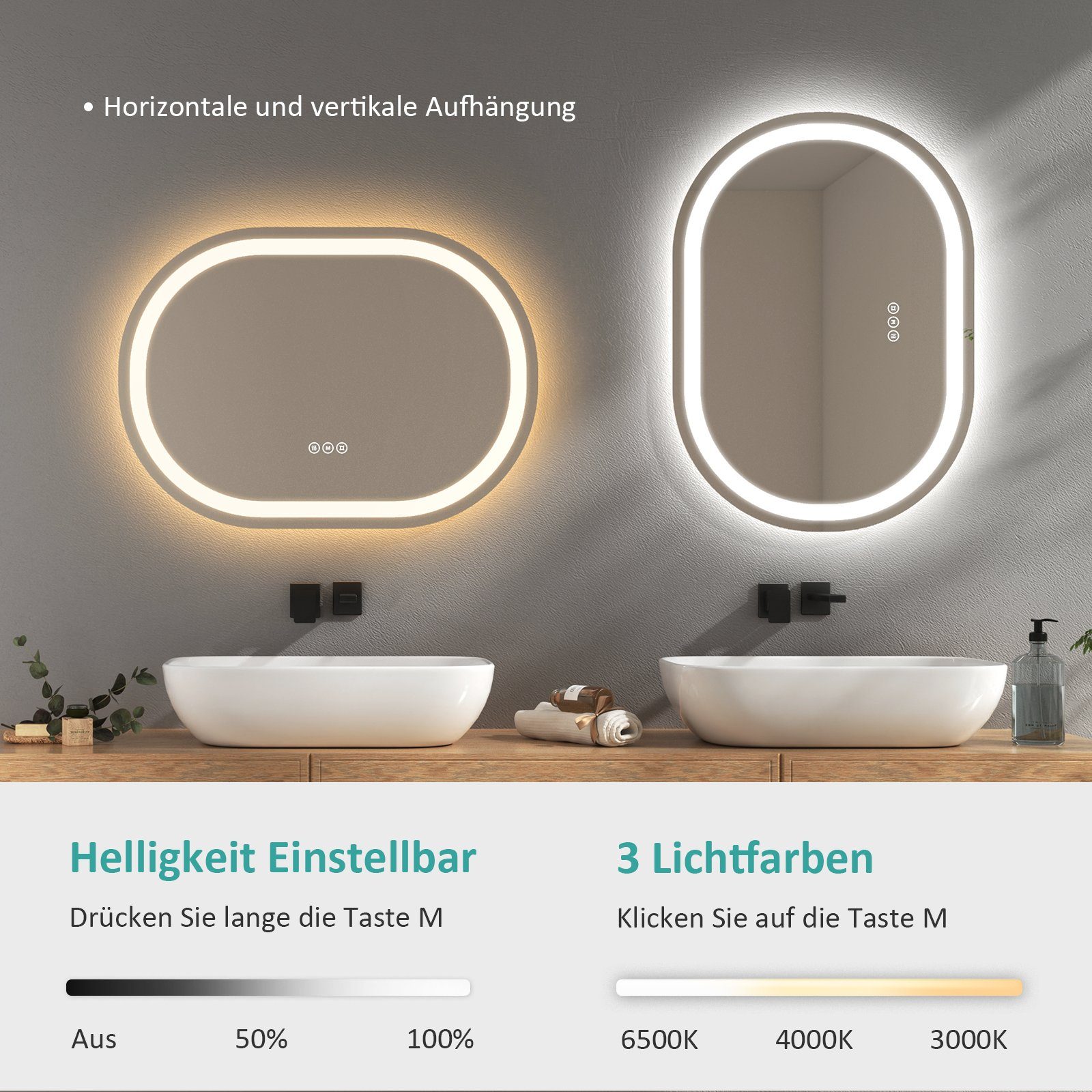EMKE Badspiegel mit Kalt/Neutral/Warmweiß Licht Beleuchtung Dimmbar Antibeschlag, mit Touchschalter, 3 Lichtfarben dimmbar, Beschlagfrei