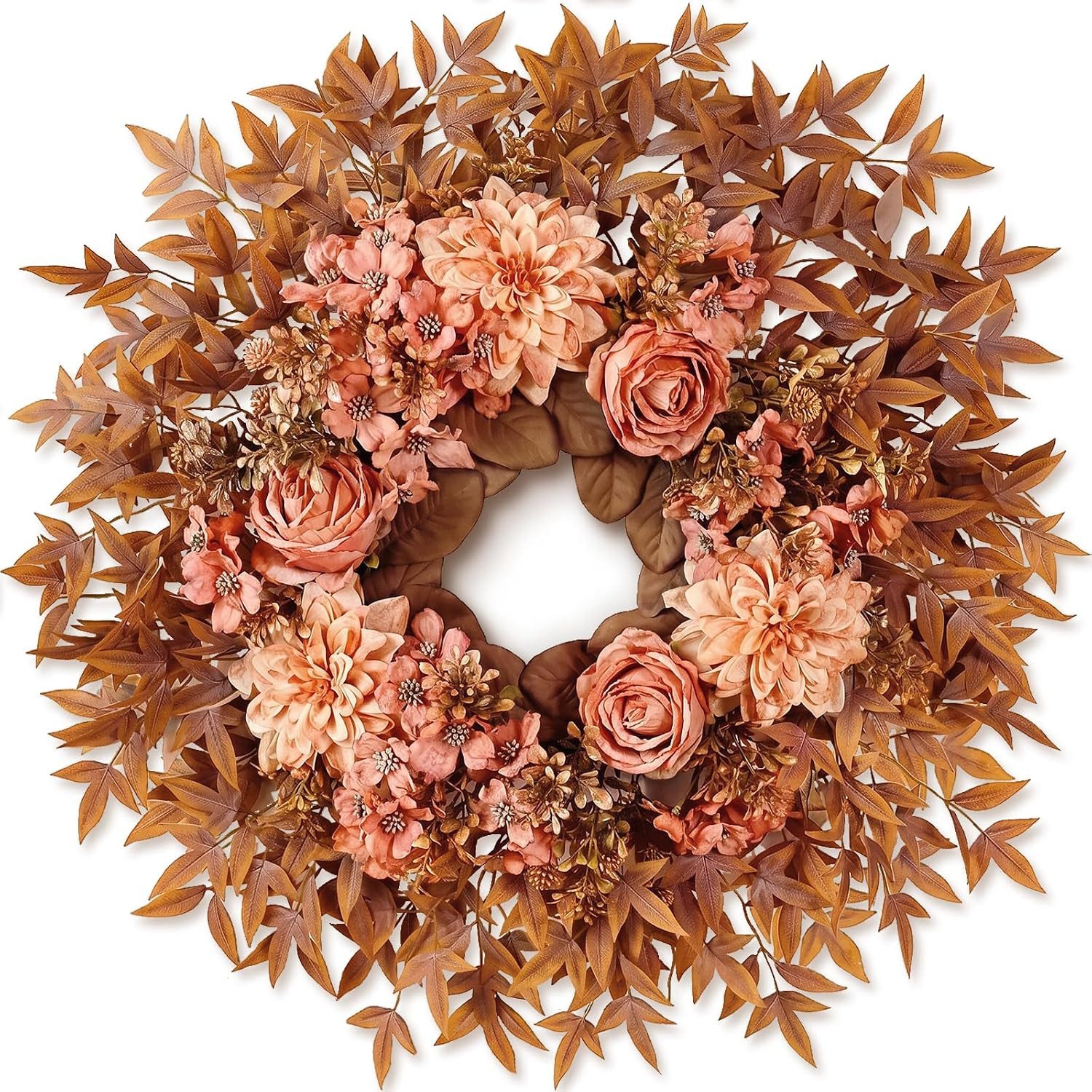 Bomiclss Dekokranz 61cm Herbstkranz künstlicher Seidenrosen-Dahlien-Blumenkranz, für Haustür,Veranda, Fenster, Wand, Außenbereich und …