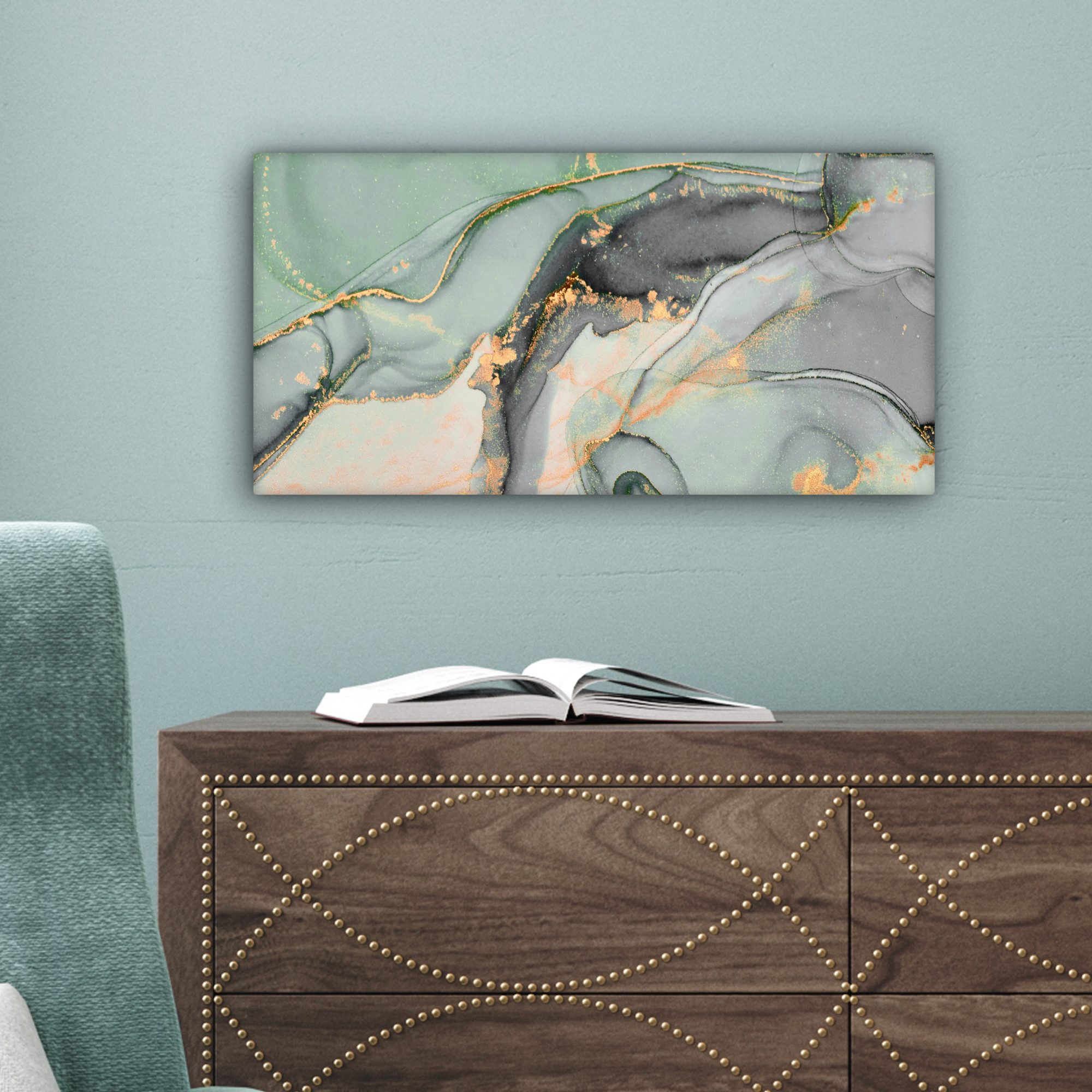 OneMillionCanvasses® Leinwandbild Panorama Gold - Marmor - Grün - Luxus - Glitzer - Marmoroptik, Fotodruck (1 St), Leinwand Bilder für Wohnzimmer Schlafzimmer 6 – Bild 3 von 5