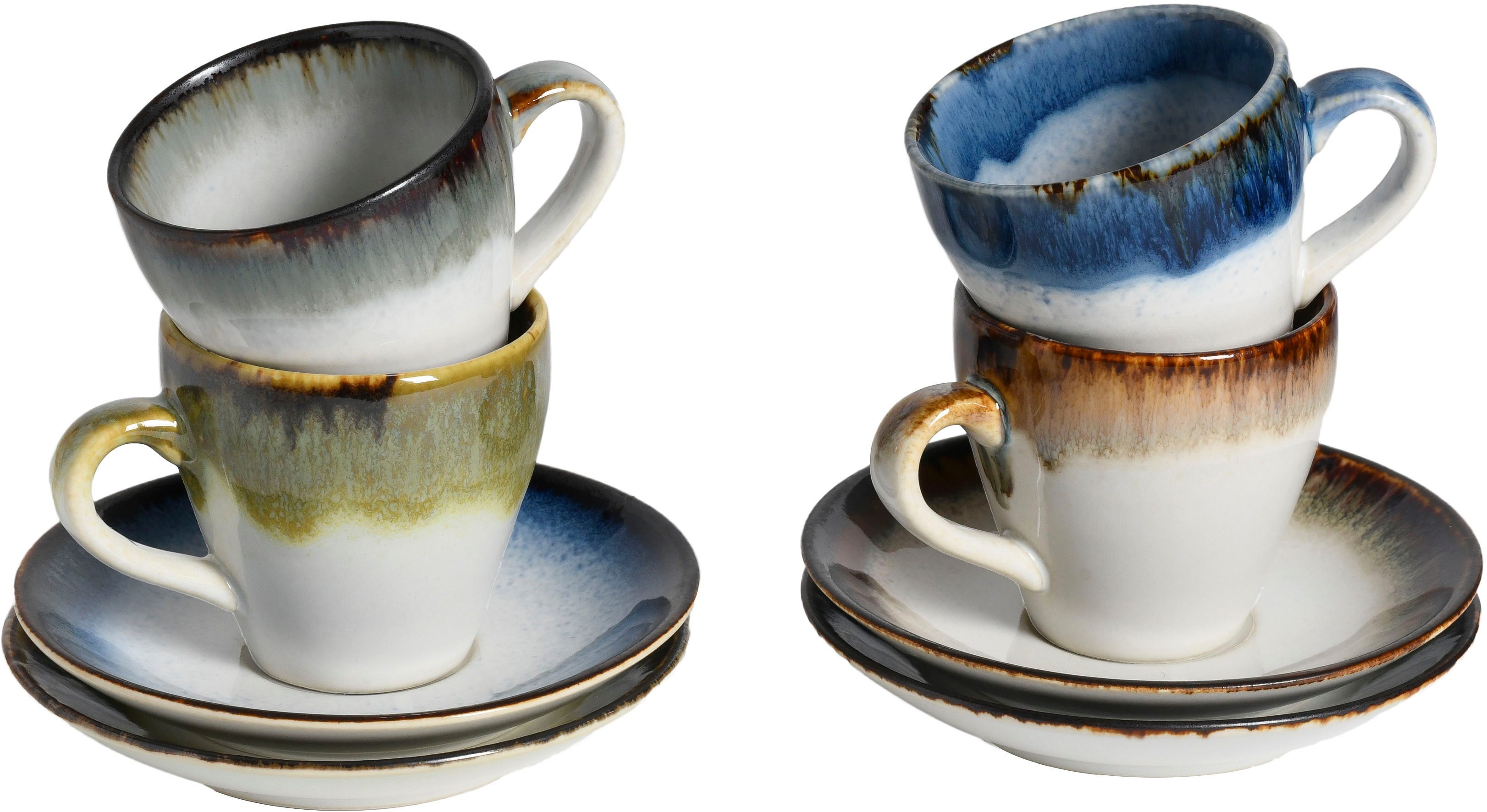 CreaTable Espressotasse Cascade Mix, Espresso-Set, 8-tlg., 8-tlg., Steinzeug, Reaktivglasur